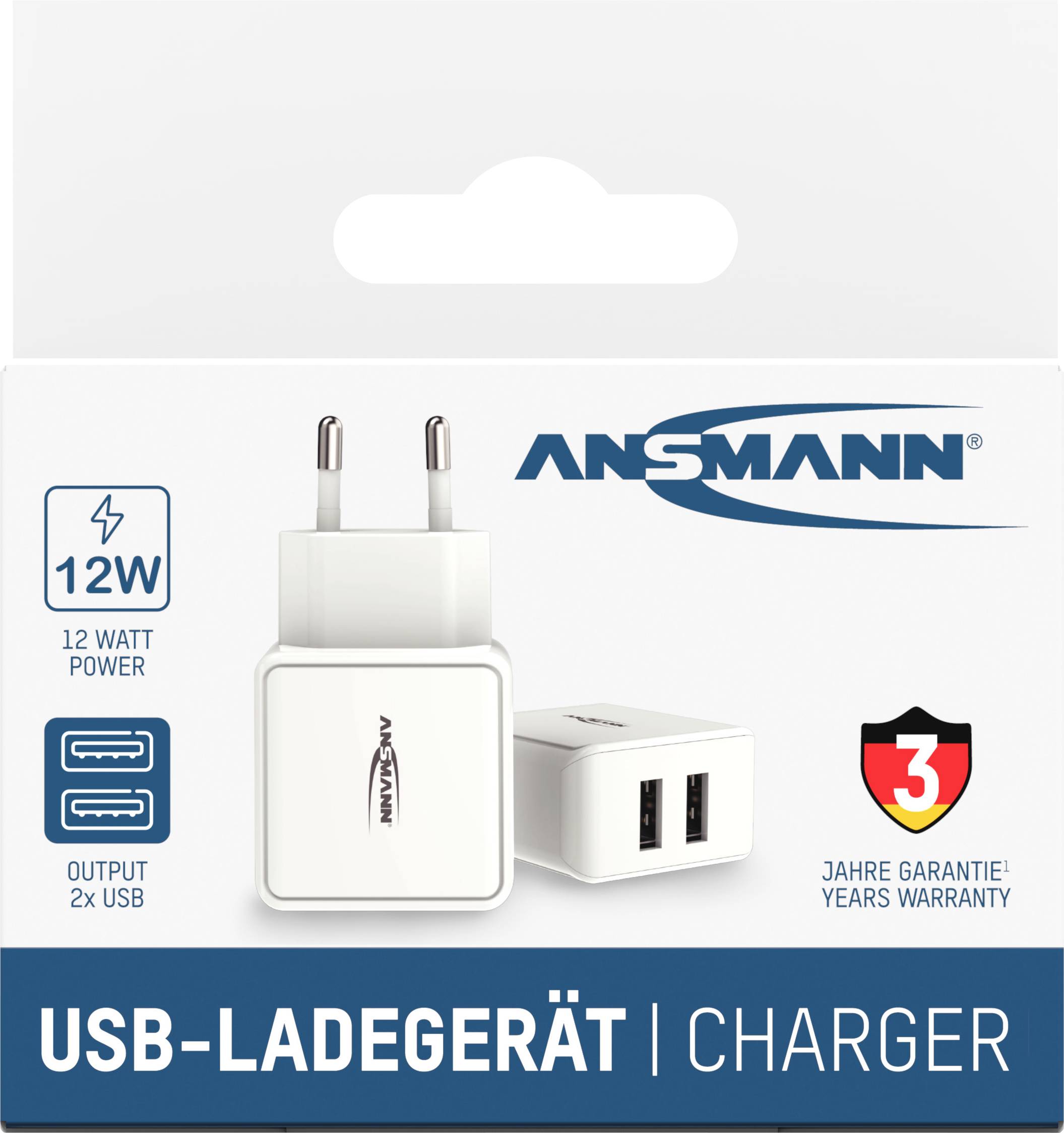 USB-Ladegerät mit zwei USB-Anschlüssen und 12 Watt Leistung. Verpackung zeigt das Logo 'Ansmann' und 3 Jahre Garantie-Siegel.