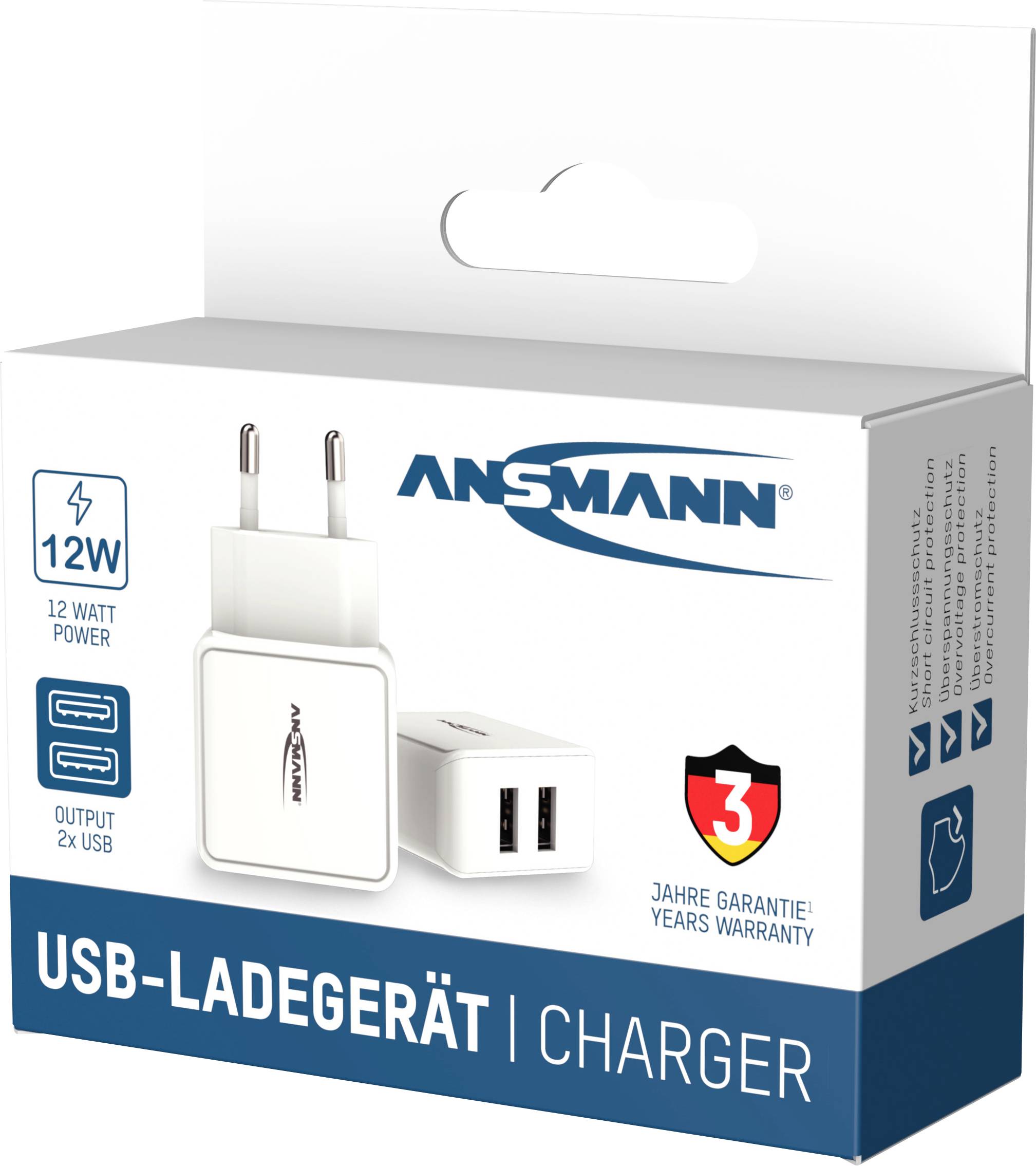 USB-Ladegerät von Ansmann mit zwei USB-Anschlüssen. 12 Watt Leistung. Verpackung weist auf 3 Jahre Garantie hin.
