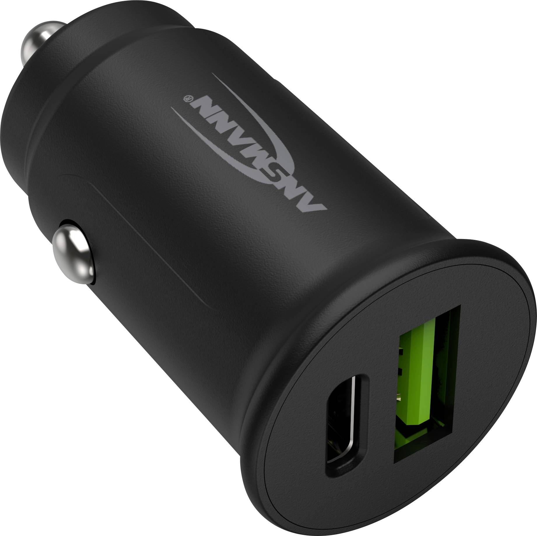 Schwarzes Auto-Ladegerät mit zwei Anschlüssen, einem USB-A und einem USB-C-Anschluss, geeignet zum Laden von Geräten unterwegs.