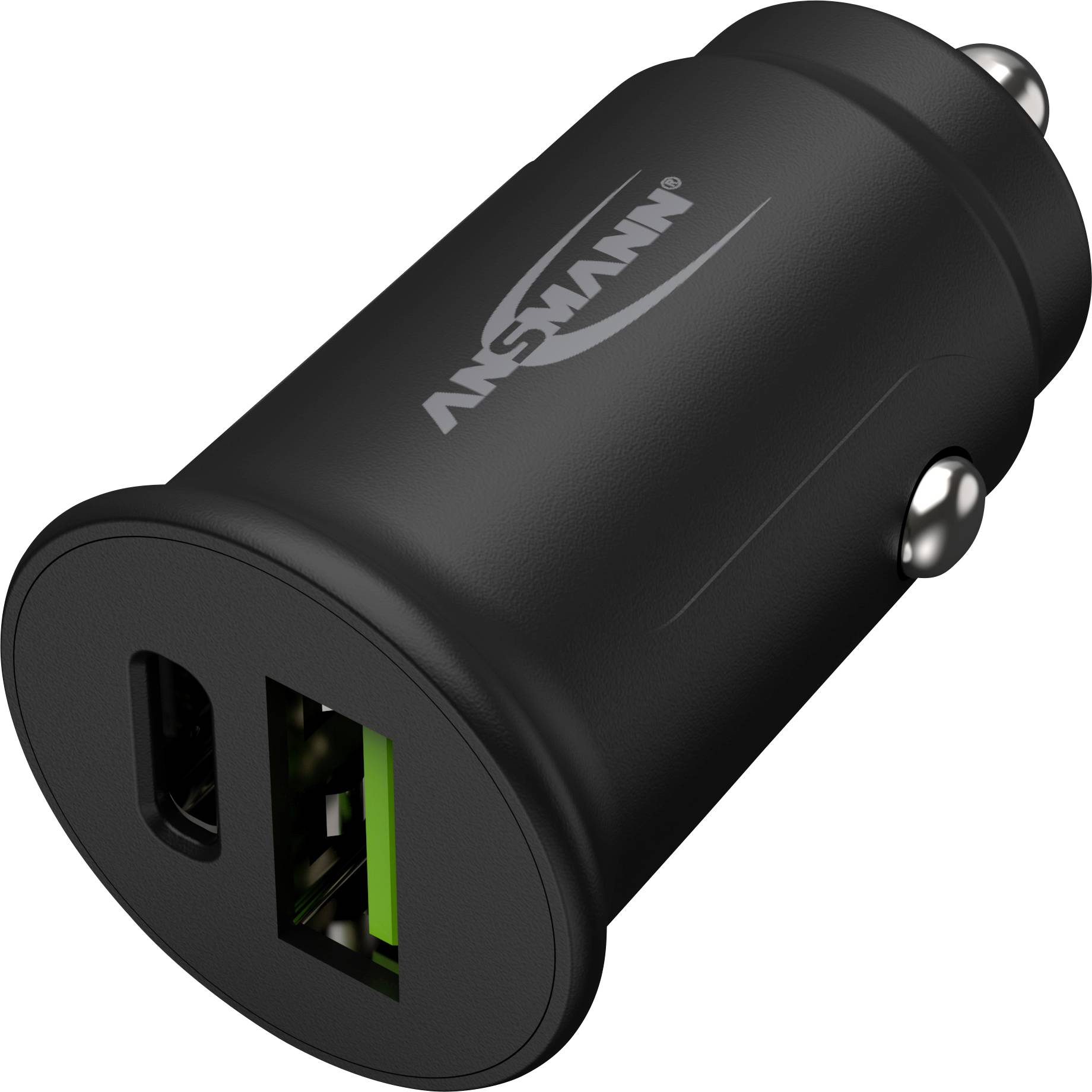 Schwarzes Autoladegerät mit zwei USB-Anschlüssen, einer grün hervorgehoben; Markenlogo seitlich sichtbar.