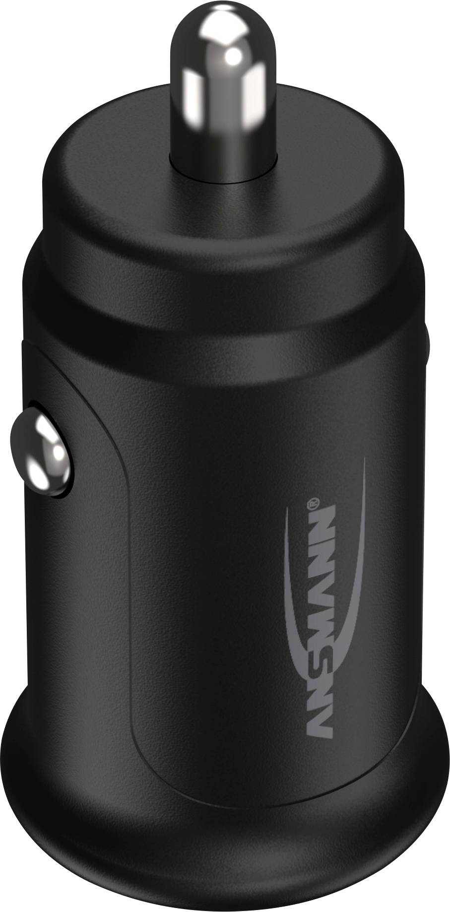 Schwarzes USB-Autoladegerät mit silbernem Stecker und seitlichem Metallknopf, geeignet zum Aufladen von elektronischen Geräten unterwegs.