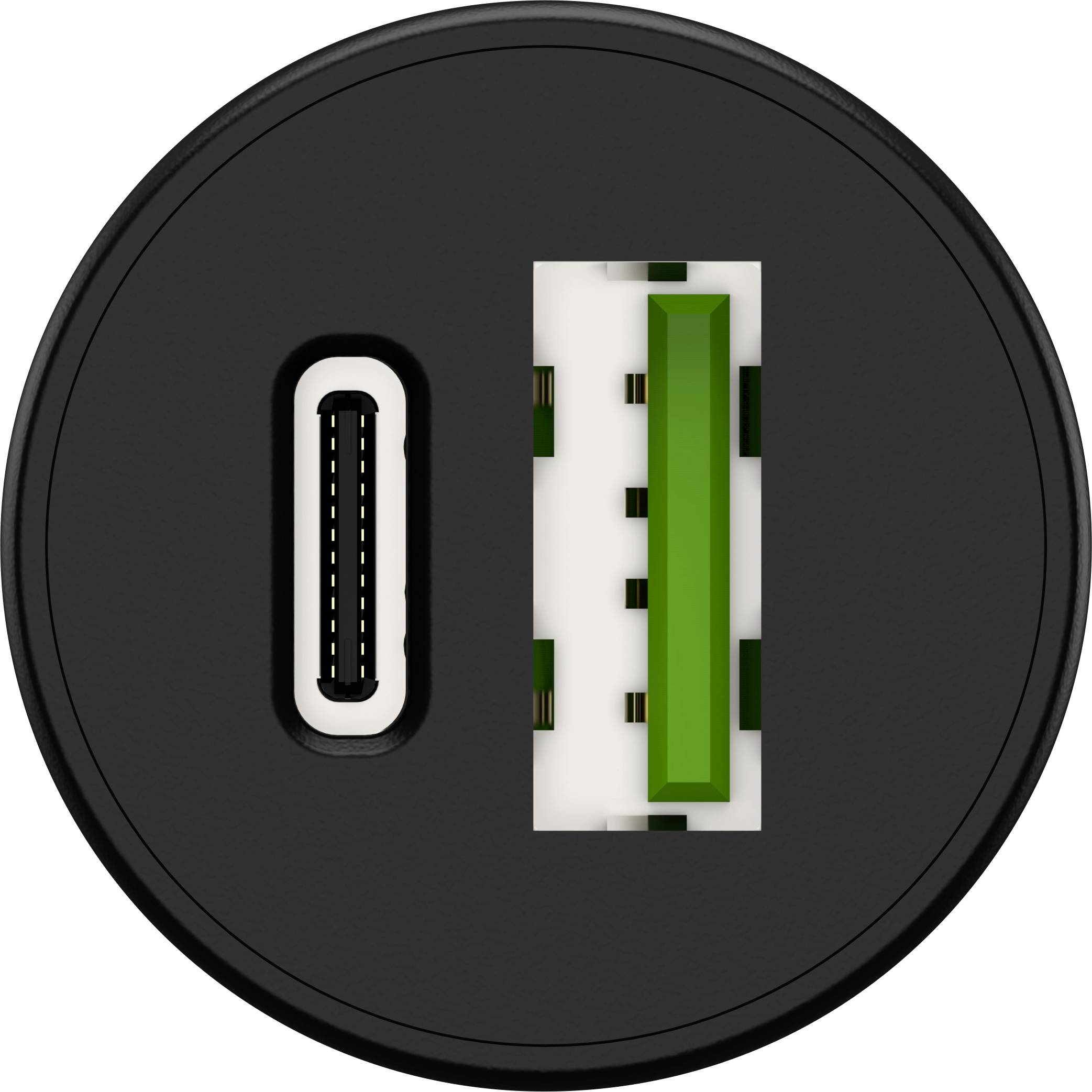 Abbildung eines USB-C- und USB-A-Anschlusses nebeneinander auf einem schwarzen Hintergrund, beide zeigen Schnittstellenstruktur.