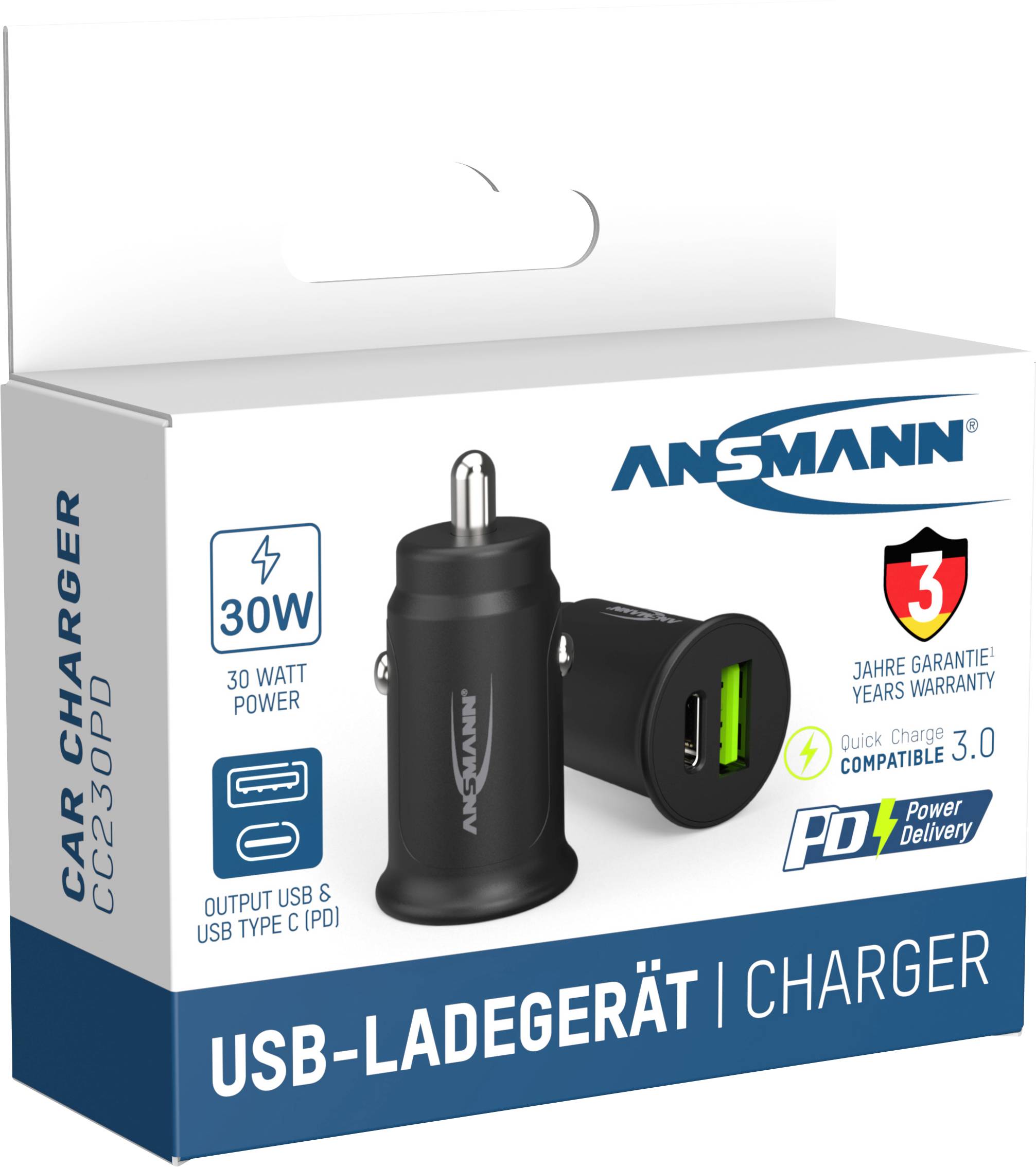 'Ansmann' Auto-Ladegerät, 30 Watt Leistung, kompatibel mit USB Typ C, Quick Charge 3.0, 3 Jahre Garantie, schwarze Farbe.