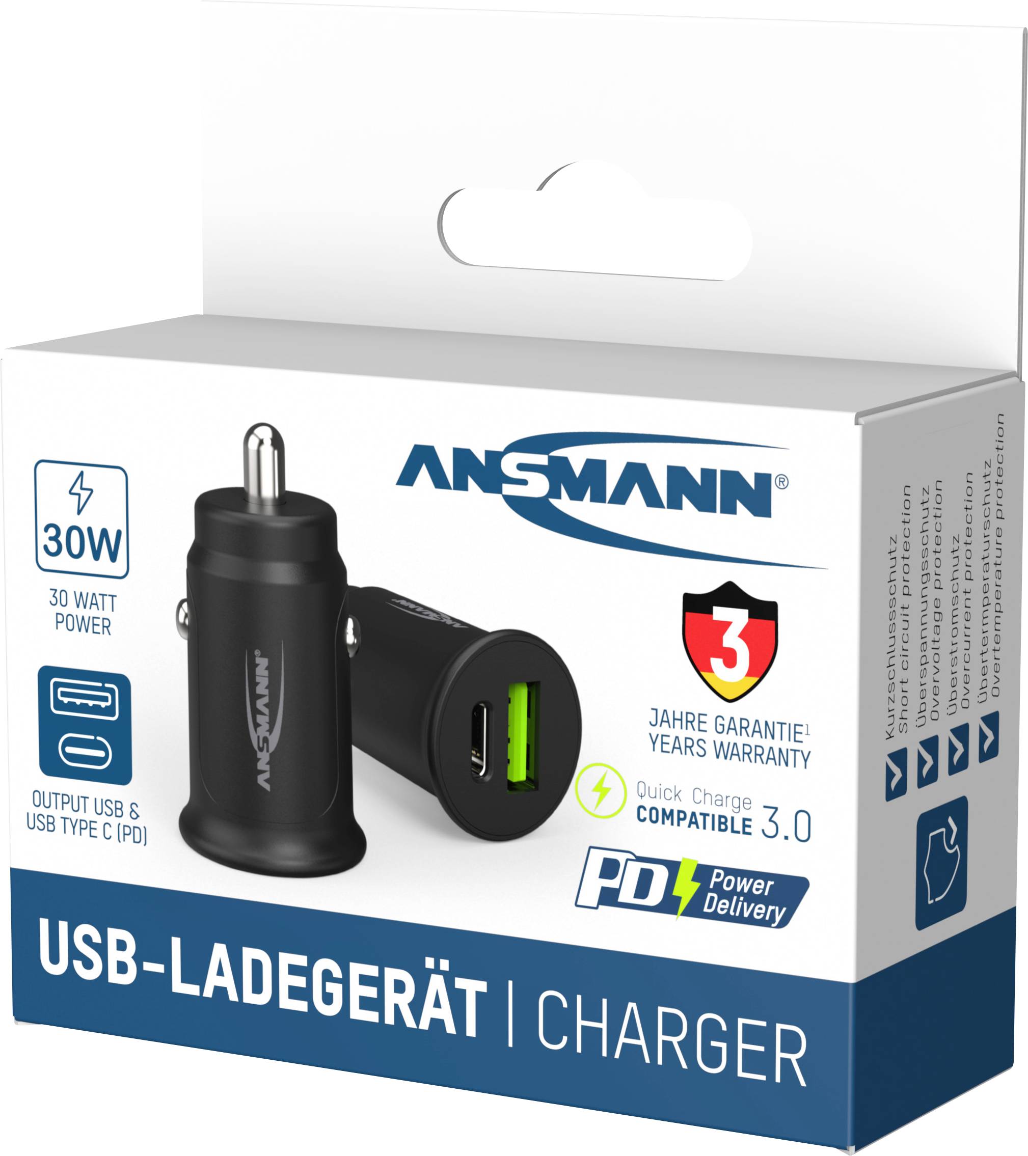 Kartonverpackung eines schwarzen Kfz-USB-Laders mit 30 Watt Leistung, Schnellladefunktion, PD kompatibel, 3 Jahre Garantie.