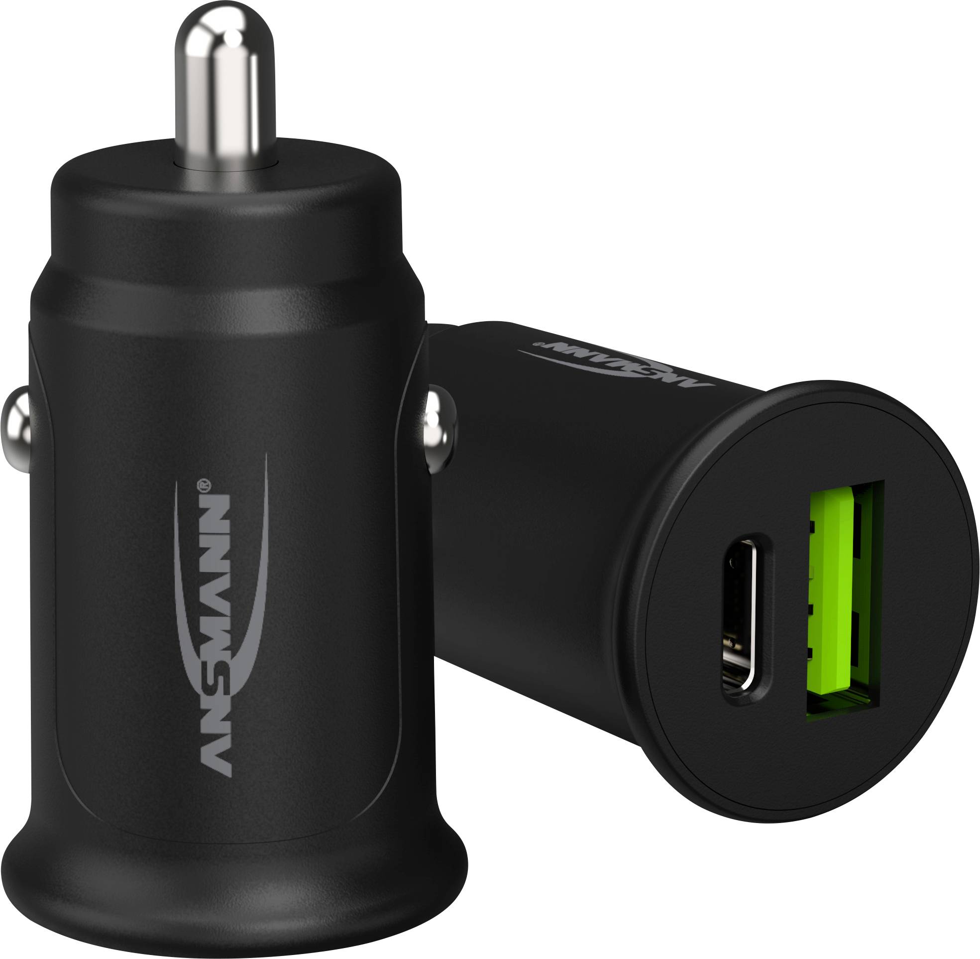 Zwei schwarze USB-Autoladegeräte von Ansmann, eines zeigt den USB-Anschluss. Ideal zum Aufladen von Geräten unterwegs.