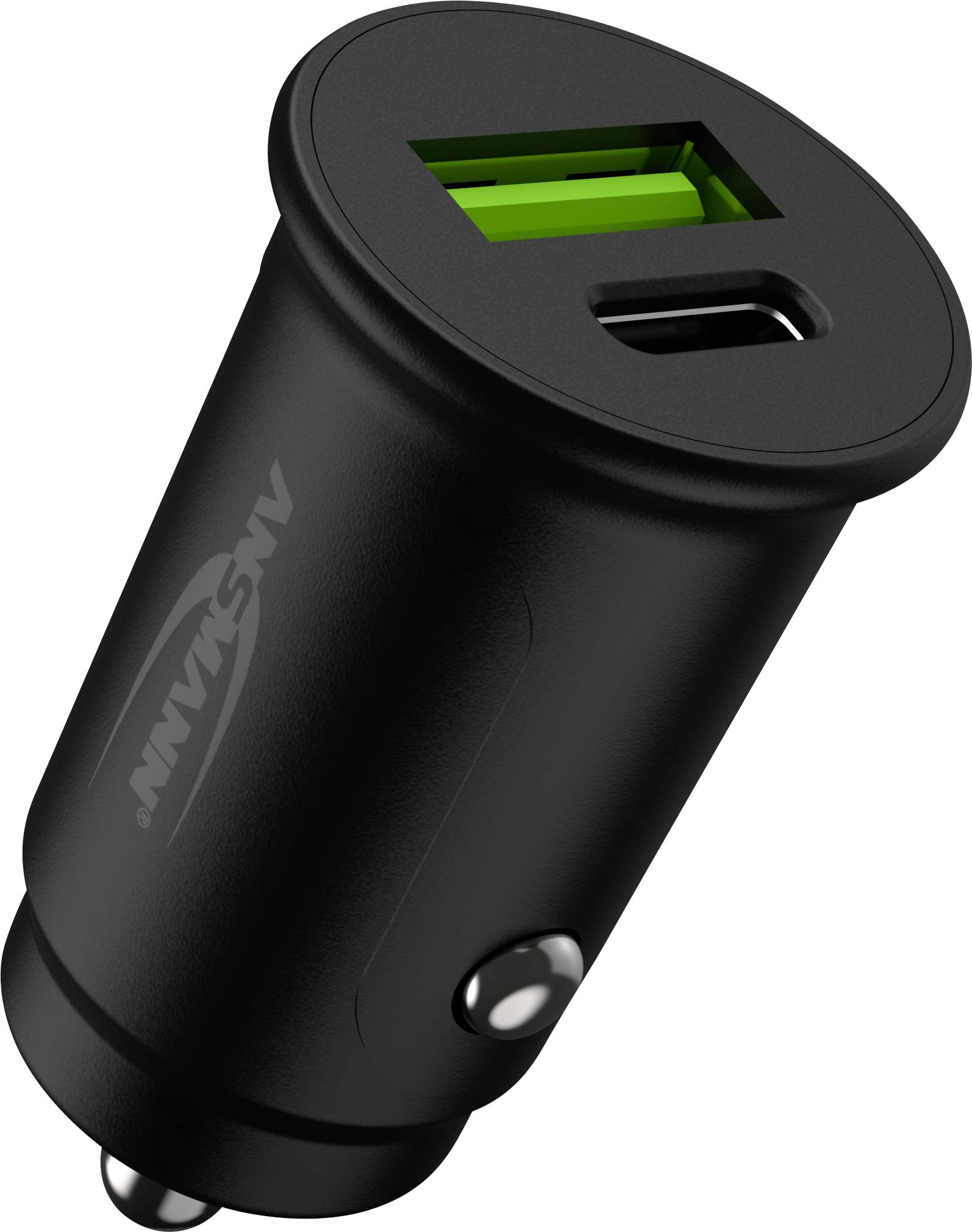 Ein schwarzes USB-Autoladegerät mit einem USB-C- und einem USB-A-Anschluss, für das Laden von Geräten unterwegs.