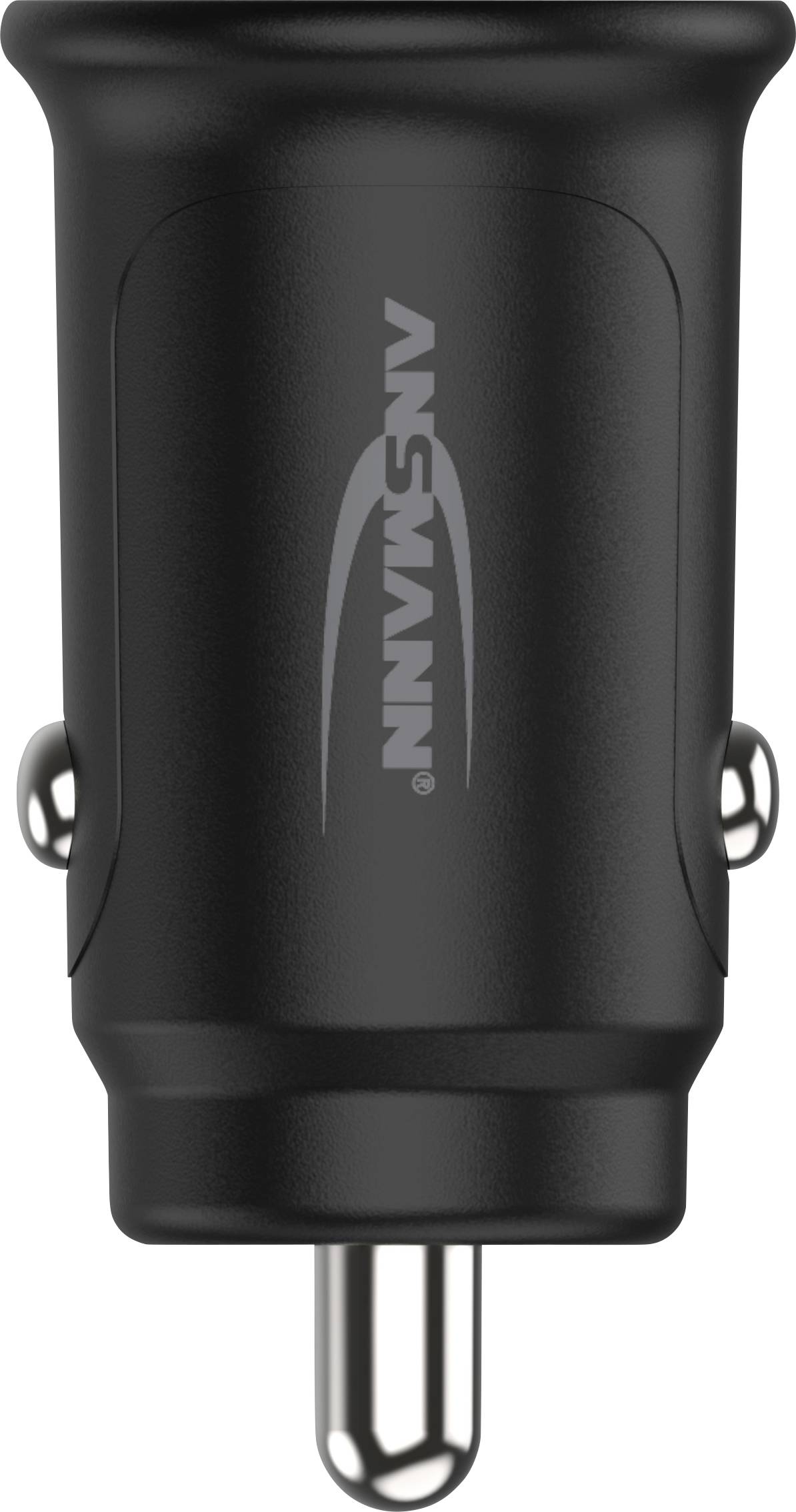 Schwarzes USB-Autoladegerät mit silbernem Stecker und Markenlogo in der Mitte. Designed für den Zigarettenanzünder im Auto.