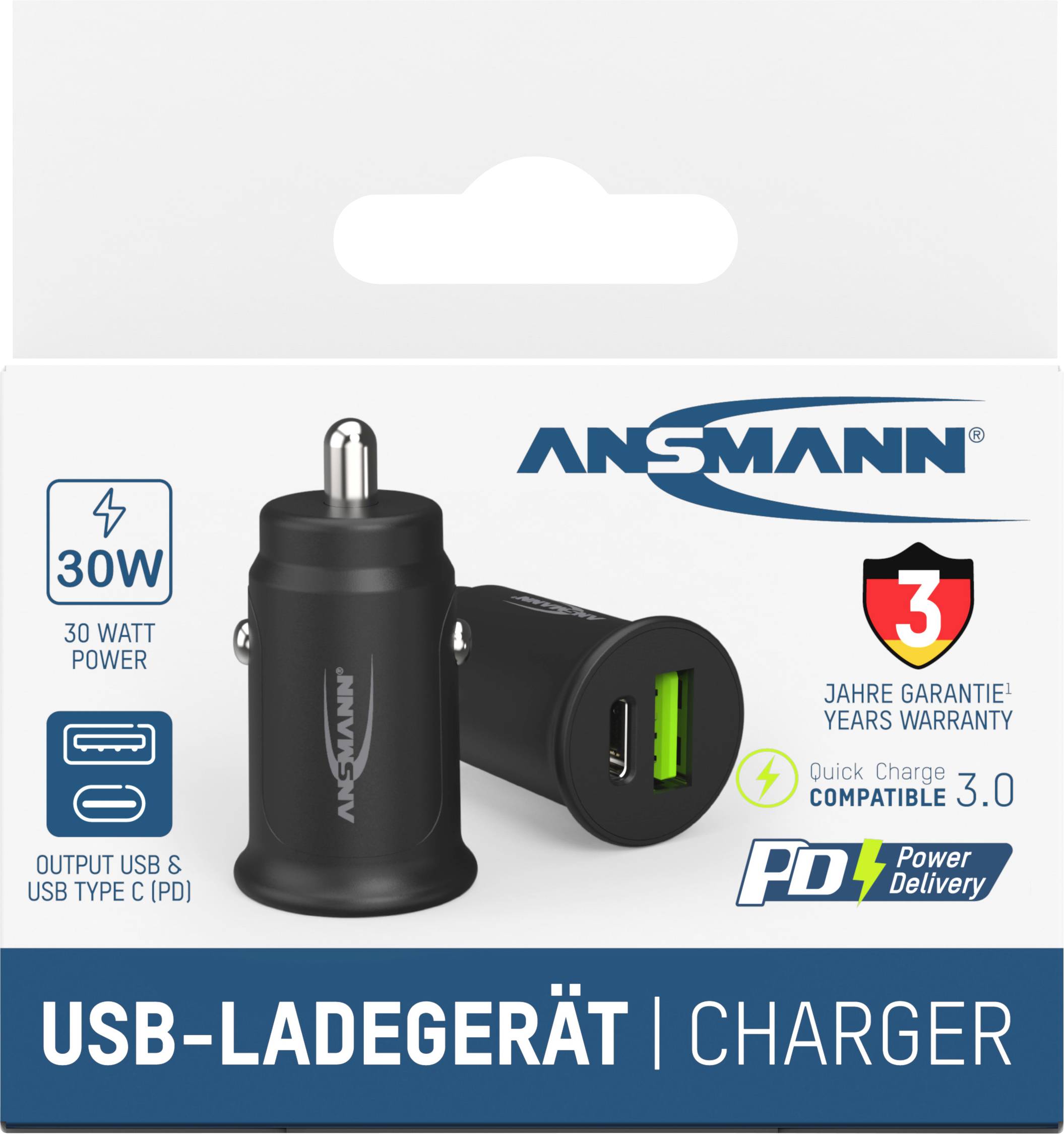 Ansmann InCar Charger CC230PD USB Ladegerät 30 W 1x USB-A, 1x USB-C® USB PD Schwarz KFZ, LKW