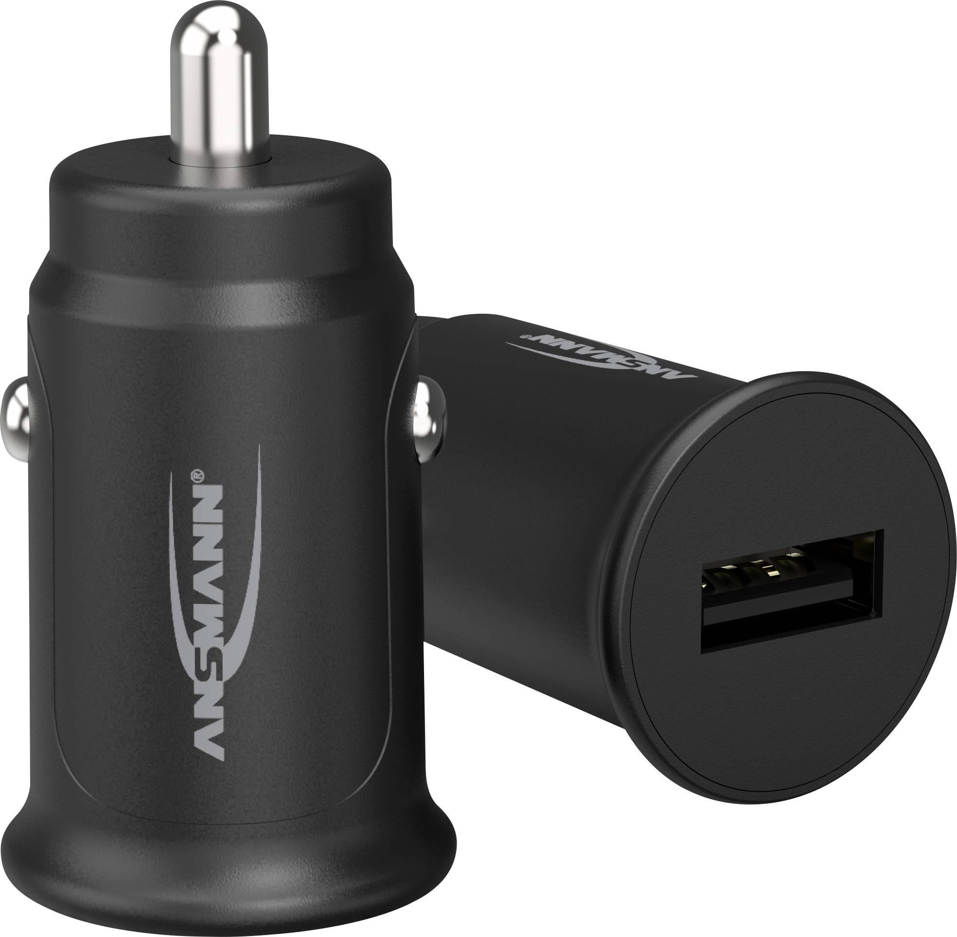 Ein schwarzes Autoladegerät von Ansmann mit USB-Anschluss, ideal zum Aufladen von Geräten im Fahrzeug.