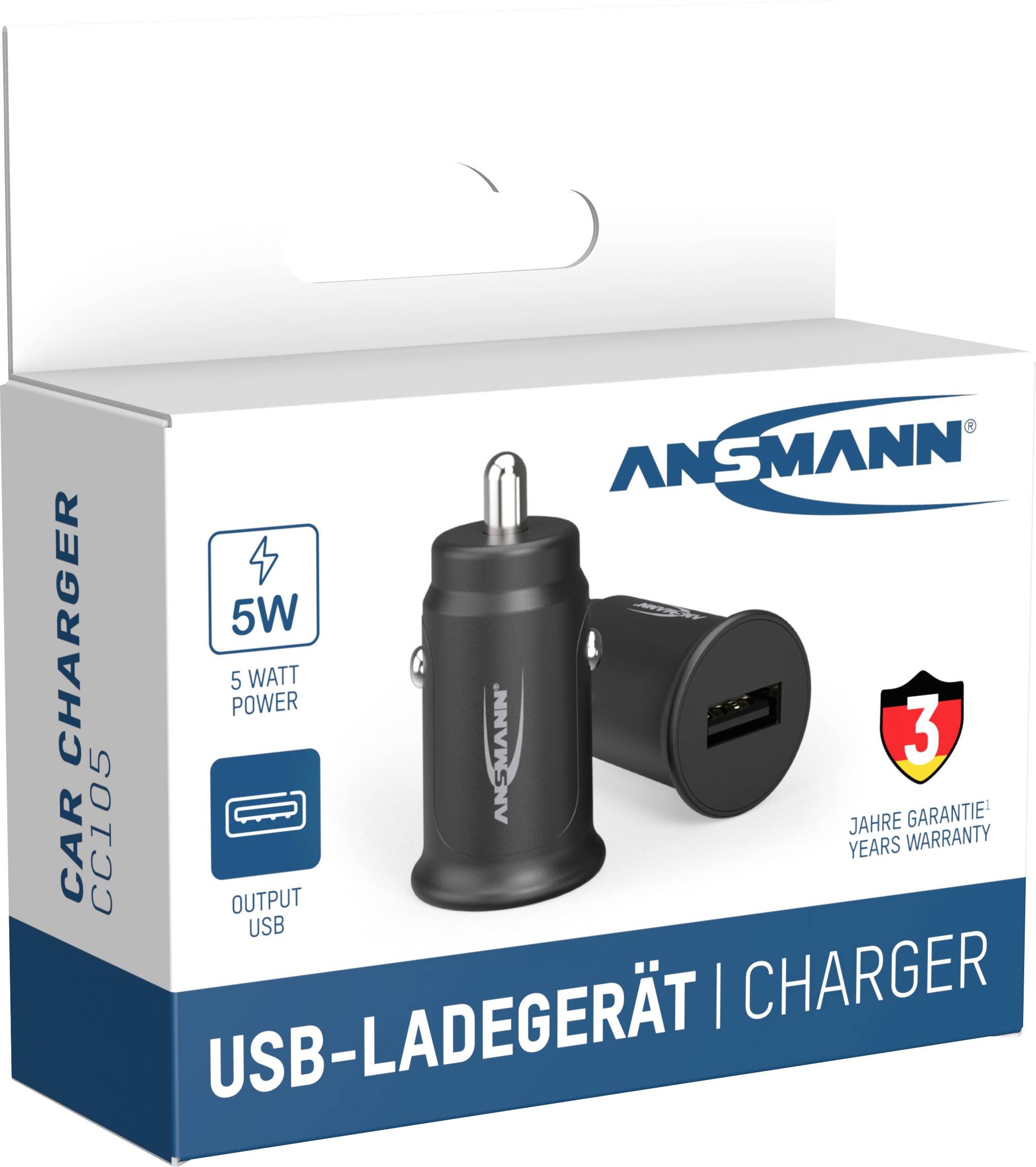 Schwarzes USB-Ladegerät von Ansmann in Verpackung, 5 Watt Leistung, 3 Jahre Garantie, geeignet für Autozubehör mit USB-Ausgang.