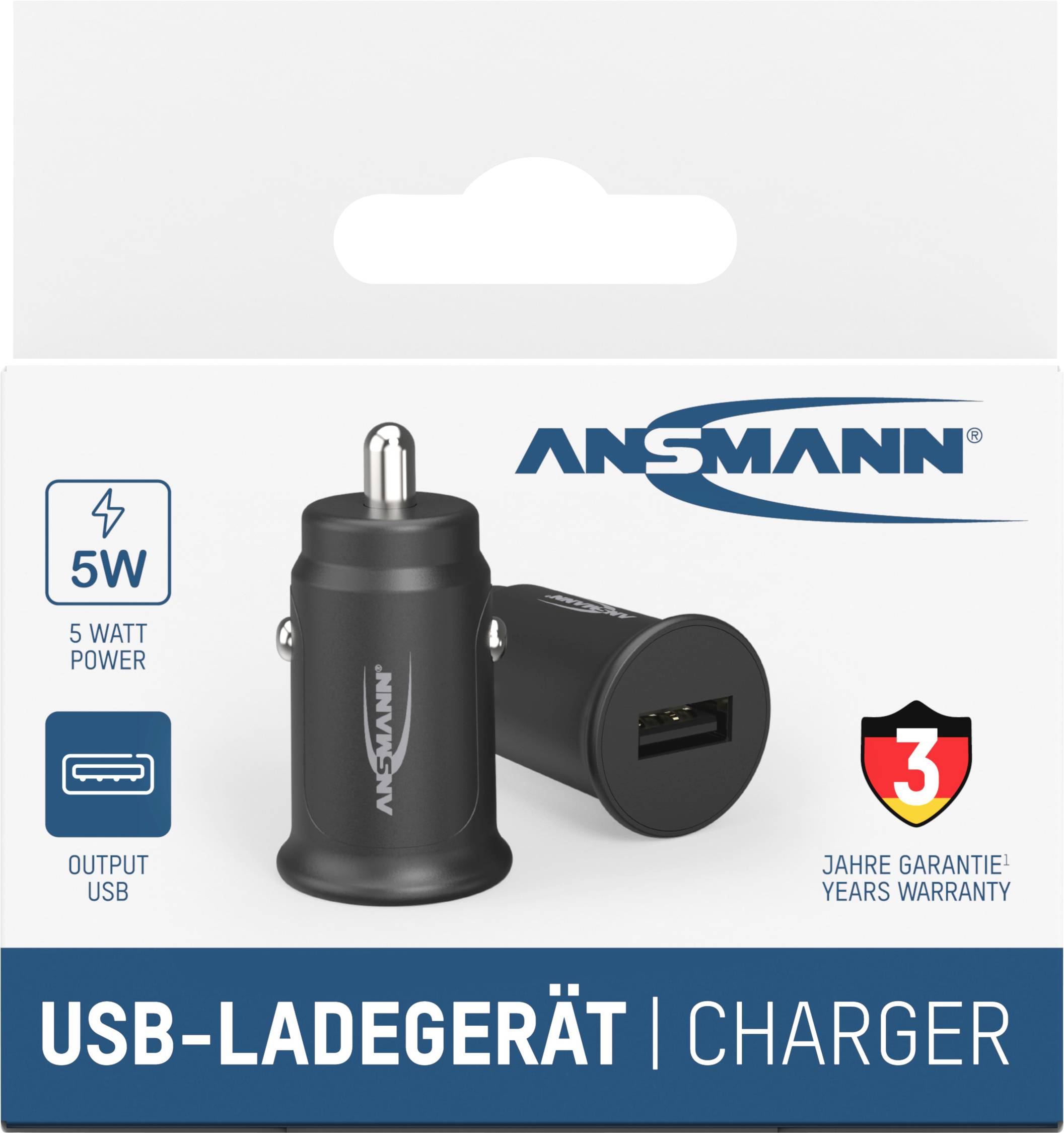'ANSMANN USB-Ladegerät', 5 Watt, USB-Ausgang, 3 Jahre Garantie. Schwarzes Ladegerät, Verpackung mit Markenlogo und technischen Details.