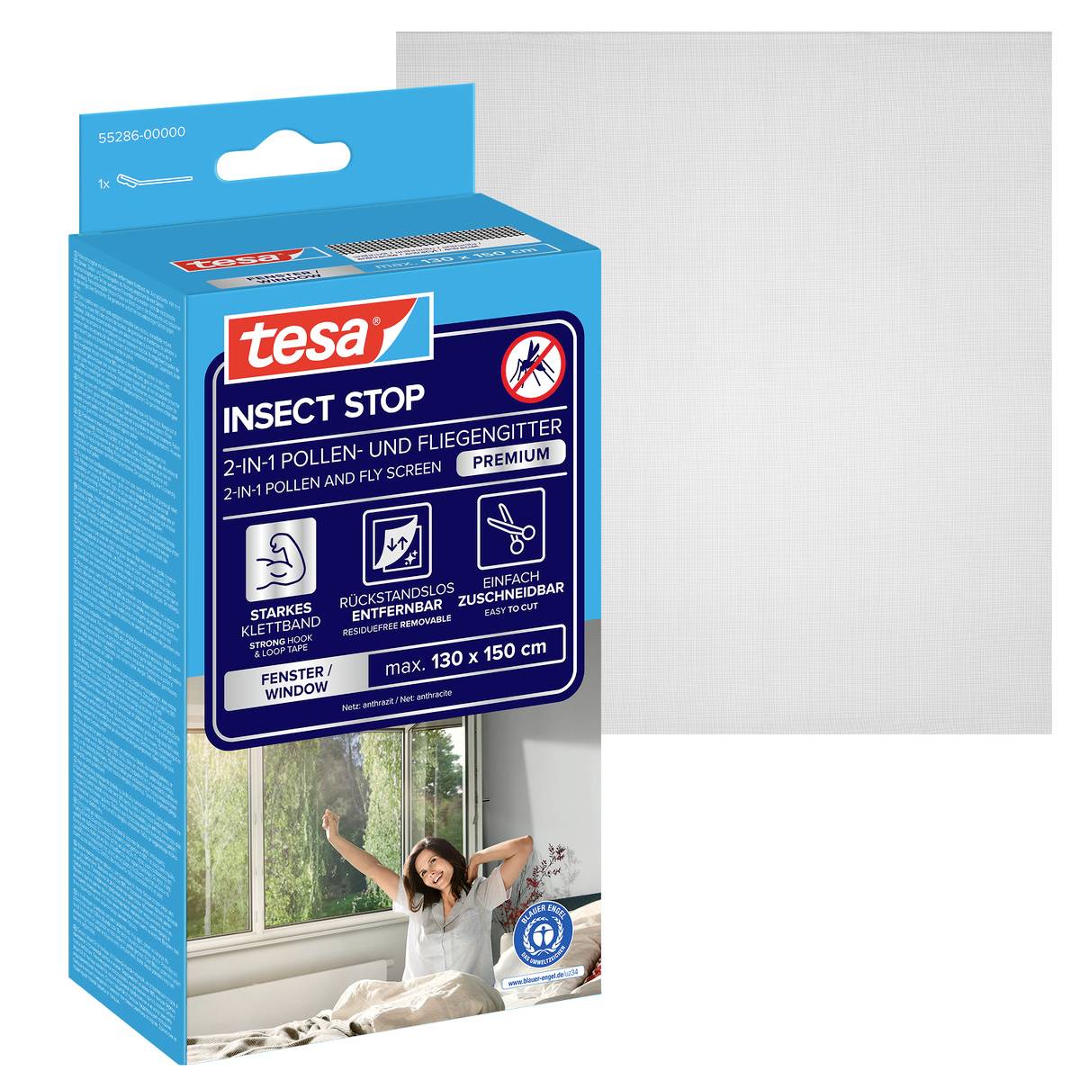 Karton tesa 'Insect Stop' 2-in-1 Pollen- und Fliegenschutz für Fenster, max. 130 x 150 cm, gezeigt mit enthaltenem Mustermeschen.