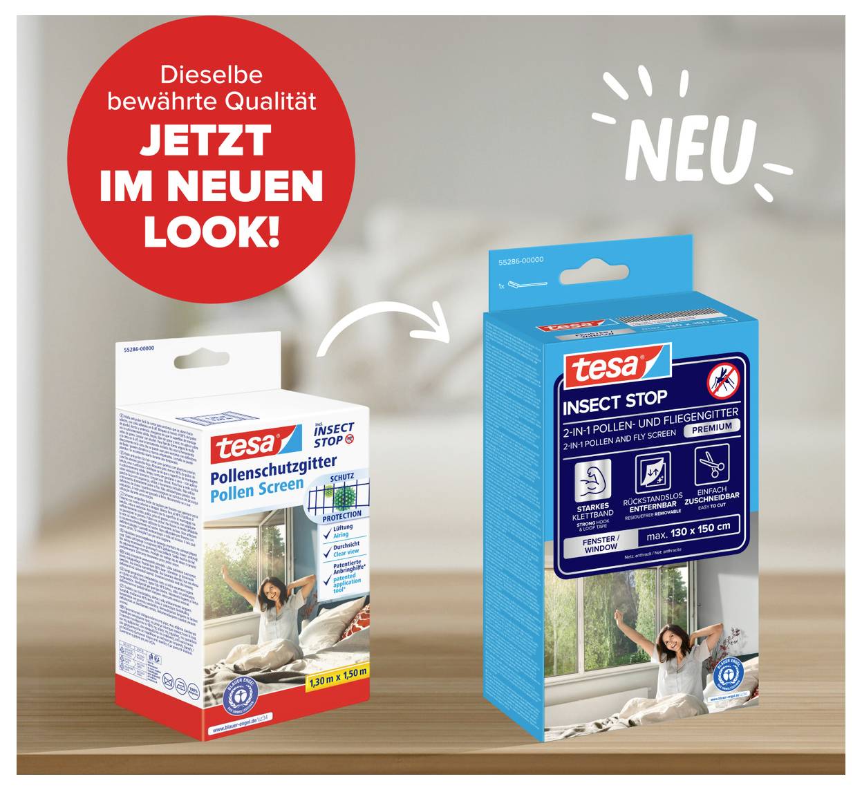 Anzeige zeigt tesa Insektenschutzmittel in alter weißer Verpackung, die sich in neue blaue Verpackung verwandelt, mit deutschem Text „Dieselbe bewährte Qualität JETZT IM NEUEN LOOK!