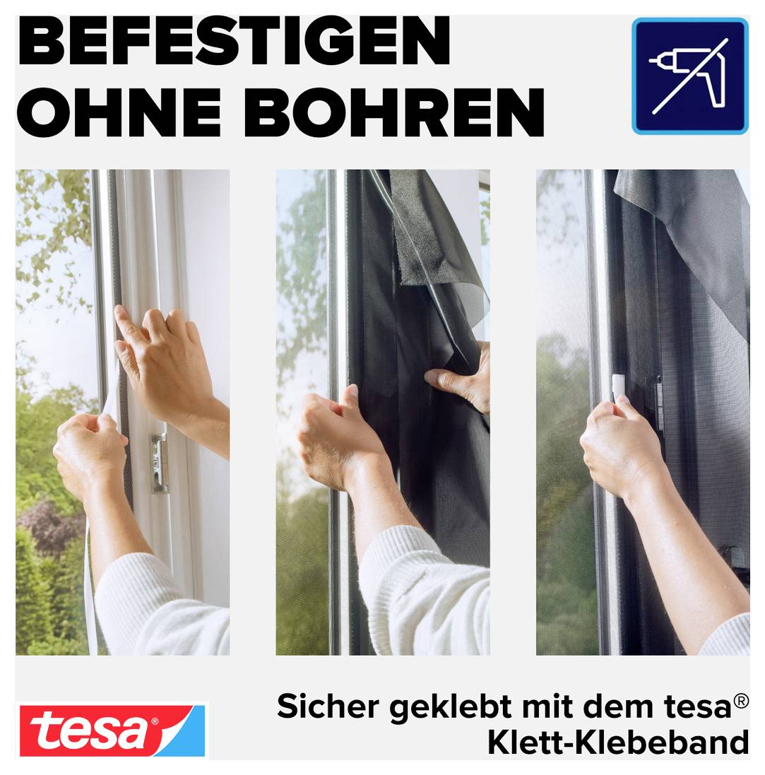 Werbung für tesa: Vorhang mit Klett-Klebeband sicher befestigt, ohne Bohren; zeigt drei Schritte der Montage.