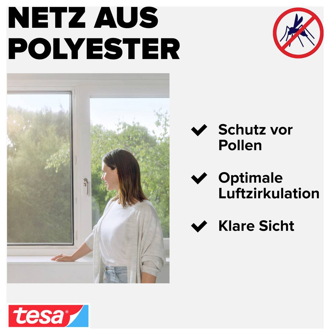 Werbebild für ein Polyester-Fliegengitter: Frau am Fenster, Text 'Schutz vor Pollen', 'Optimale Luftzirkulation' und 'Klare Sicht', tesa-Logo und Insektensymbol.
