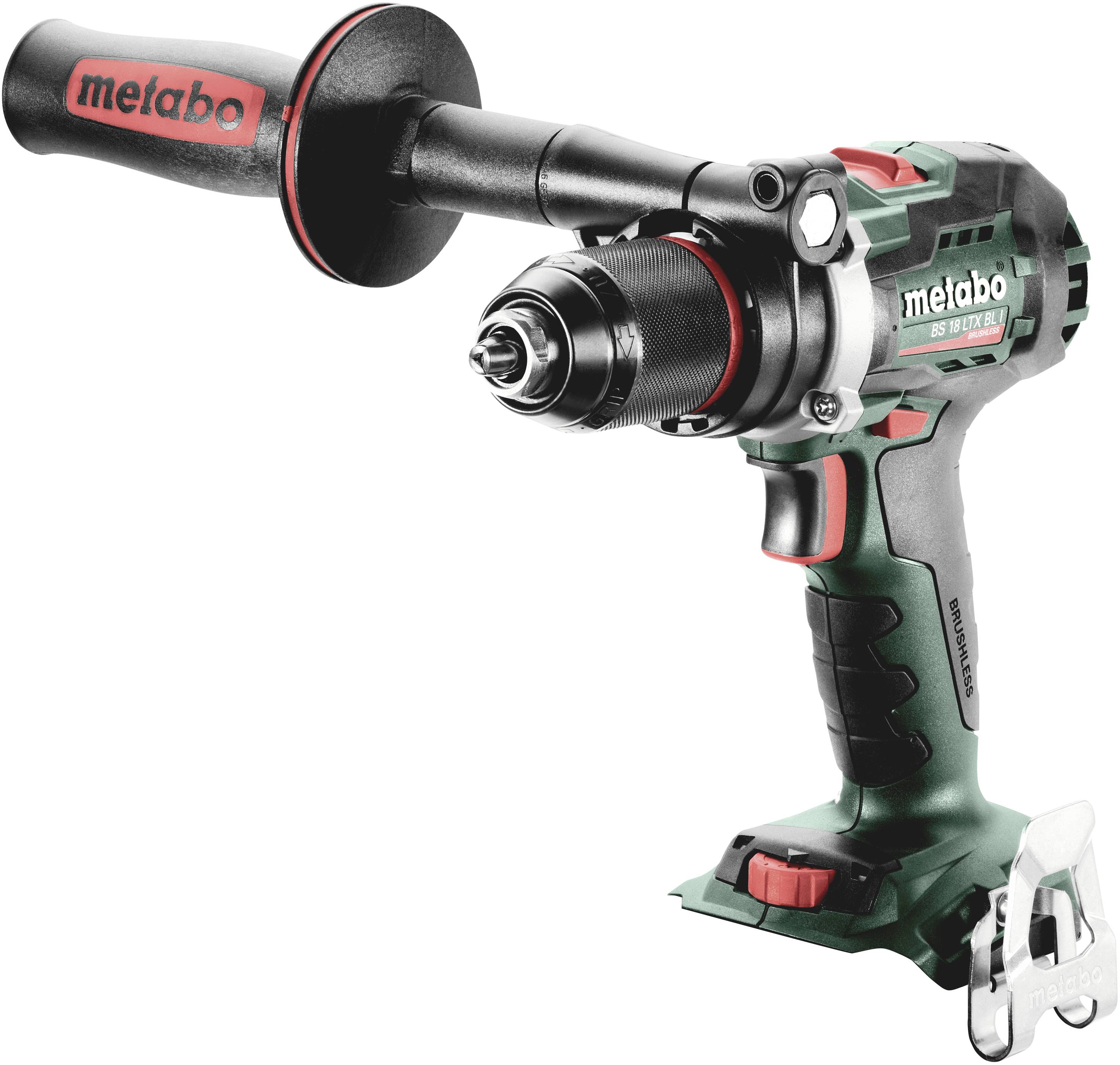 Akku-Bohrmaschine mit schwarzem und grünem Gehäuse, rotem Griff und Metabo-Logo. Sie steht für leistungsstarkes Heimwerken.