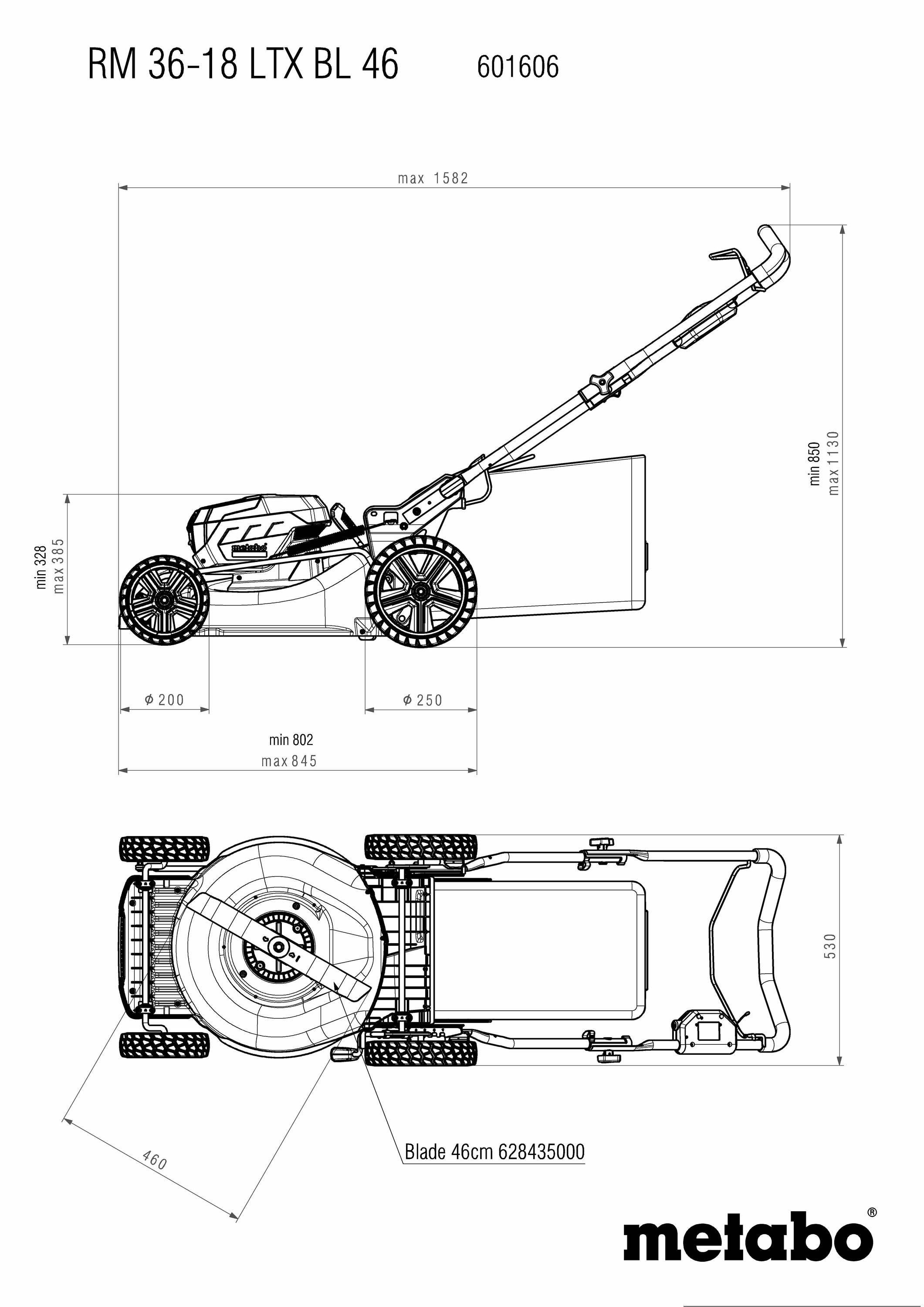 Technische Zeichnung eines Metabo Rasenmähers RM 36-18 LTX BL 46, mit Maßen und Bauteilen aus zwei Perspektiven.