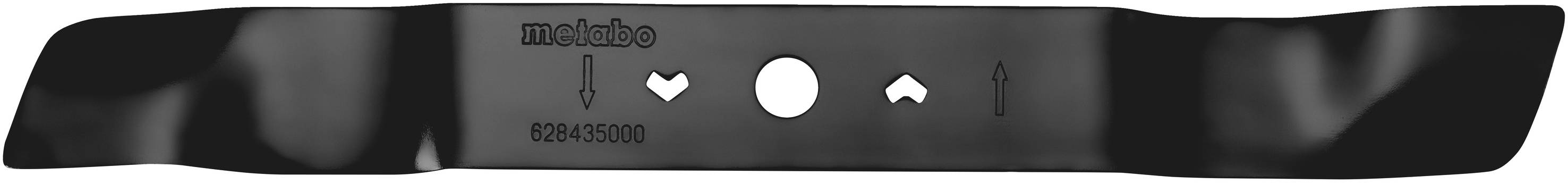 Mähmesser mit zwei Schneidekanten und rundem Loch in der Mitte. Links ist 'mulch on' und 'mulch off' eingestanzt, rechts Pfeilsymbole.