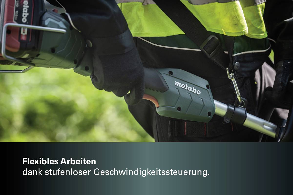 Person hält ein Elektrowerkzeug mit der Aufschrift 'metabo'. Text darunter: 'Flexibles Arbeiten dank stufenloser Geschwindigkeitssteuerung.'