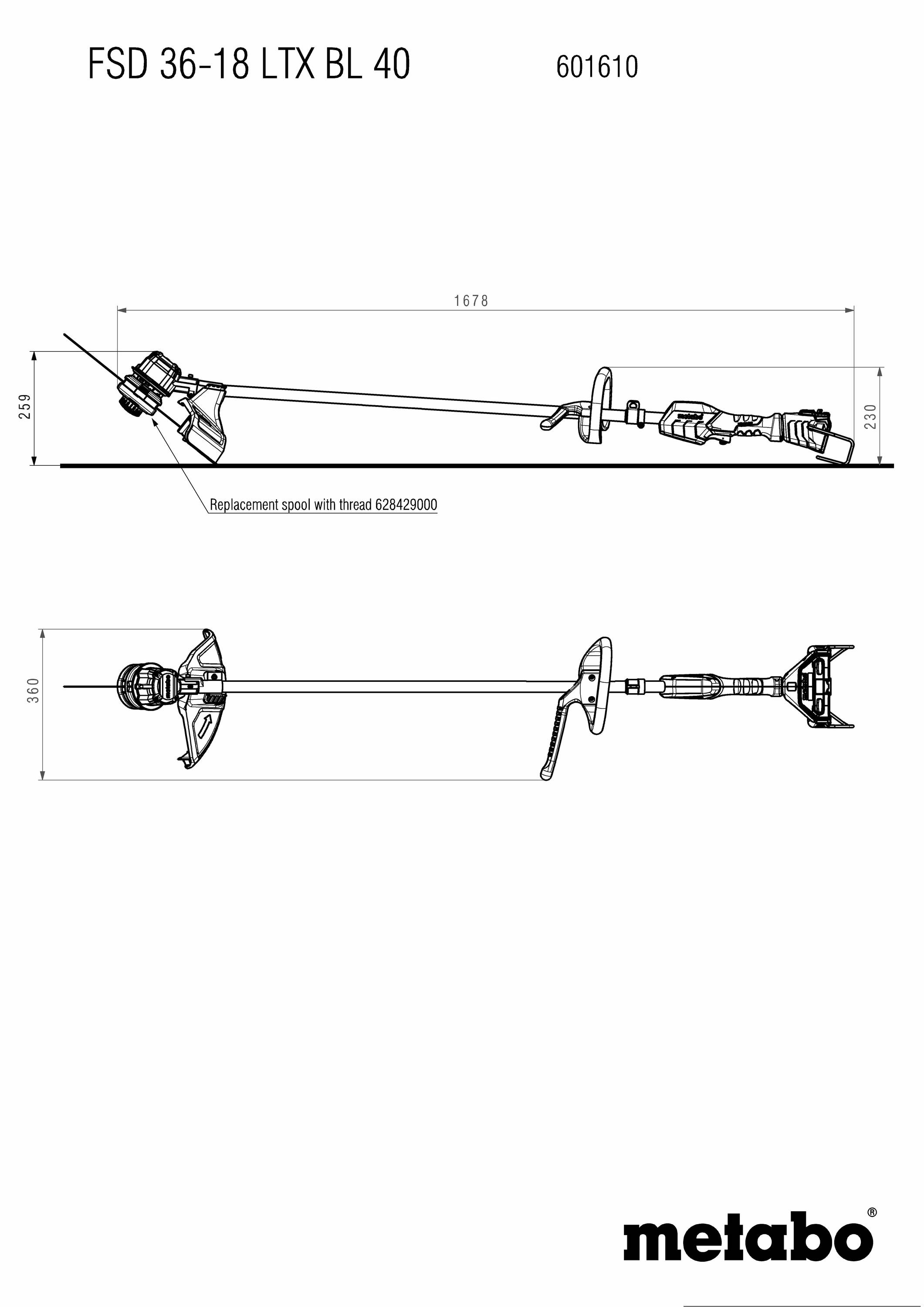 Diagramm eines kabellosen Rasentrimmers Metabo FSD 36-18 LTX BL 40. Zeigt technische Maße und Ersatzteile mit Gewinde 634263000.