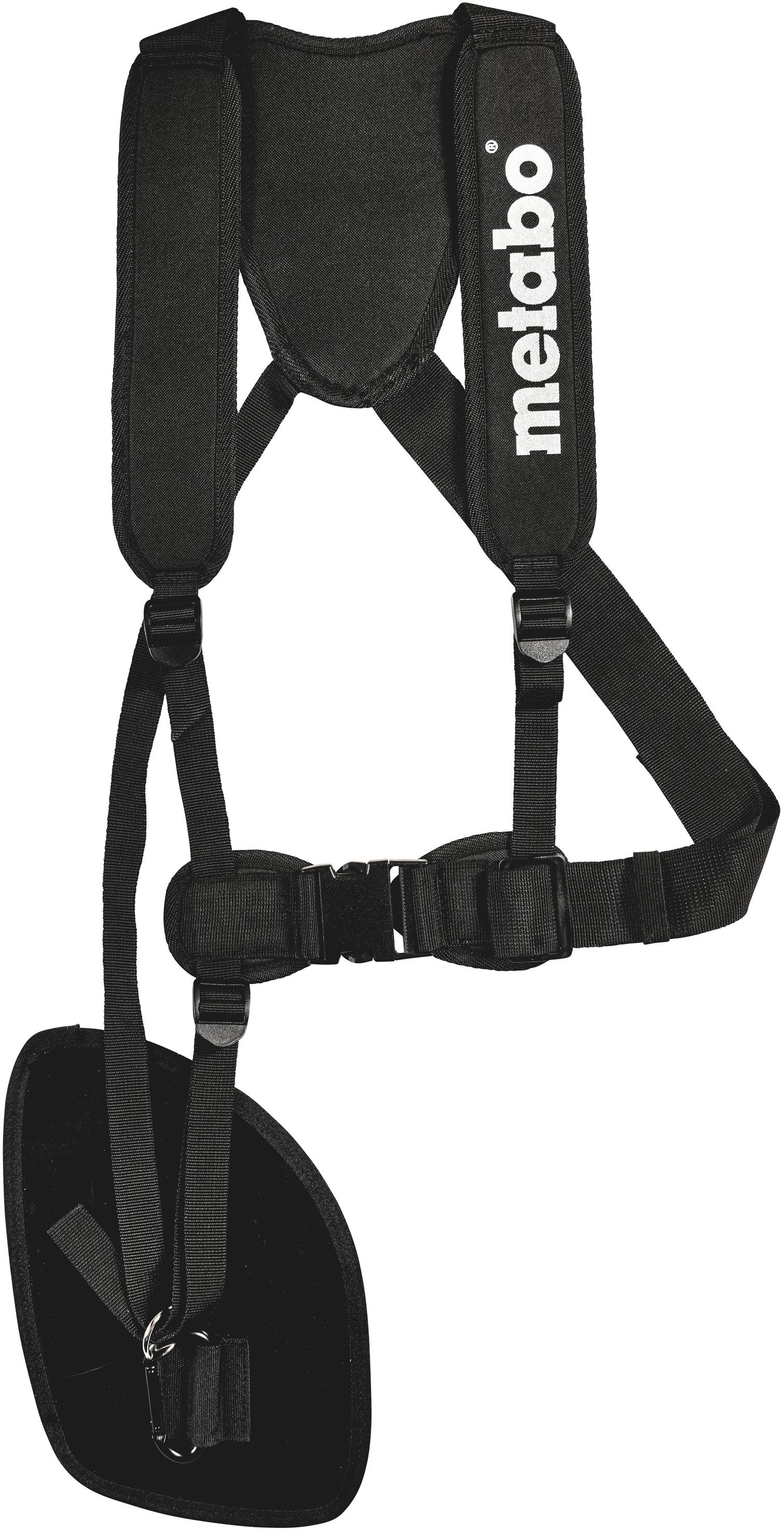 Schwarzer Gurt mit Schulterpolstern und Schnallen, Markenname 'metabo' aufgedruckt, geeignet für Werkzeuge oder Rucksackbefestigung.