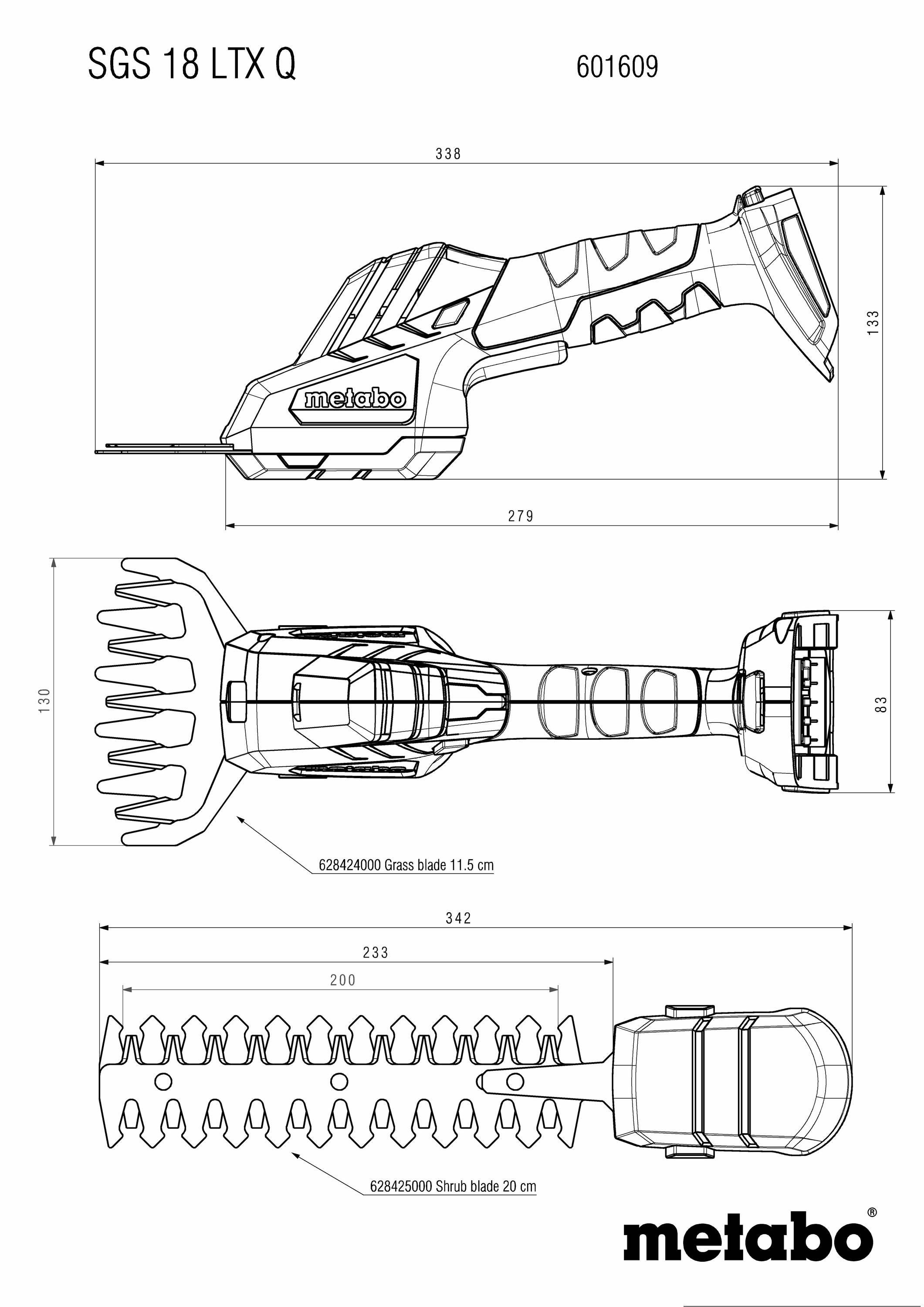 Technische Zeichnung eines Metabo SGS 18 LTX Q Geräts mit verschiedenen Klingen. Maße: 338 mm, 279 mm. Details zur Gras- und Strauchklinge.