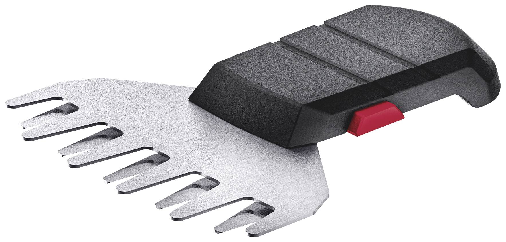 Metallaufsatz eines elektrischen Rasenmähers, schwarz mit rotem Knopf, zeigt mehrere scharfe Kanten zum effizienten Mähen.