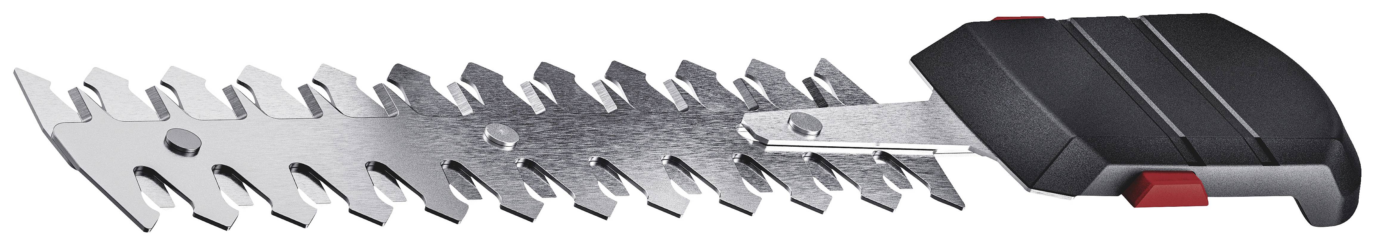 Heckenscheren-Aufsatz mit gezackten Klingen und ergonomischem Griff, geeignet für Gartengeräte zur Pflege von Sträuchern.