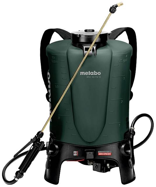 Rückenspritze von Metabo mit einem Fassungsvermögen von 15 Litern, ausgestattet mit einem Metallstab und einer Düse für präzises Sprühen.