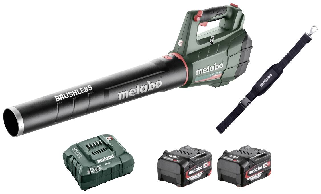 Laubbläser-Set von Metabo mit Akkus, Ladegerät und Tragegurt.