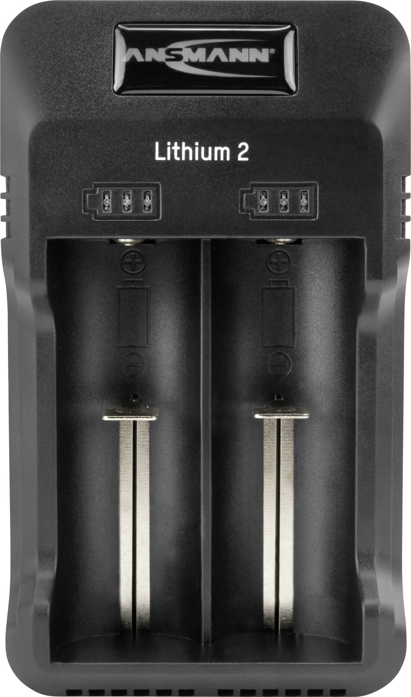 Lithium-Batterieladegerät mit zwei Ladefächern, Markenname 'Ansmann' oben, geeignet für Lithium-Ionen-Akkus.