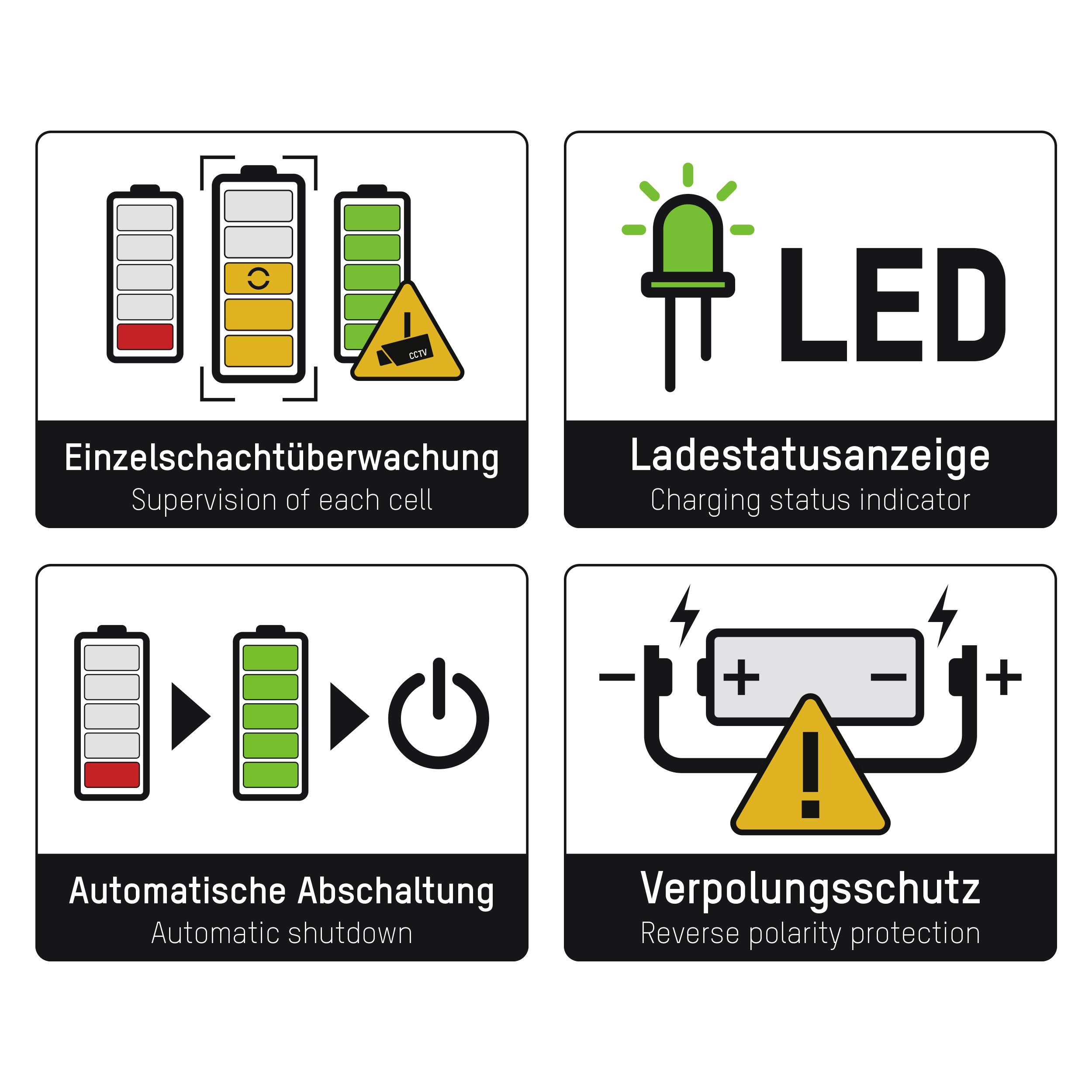 Vier Symbole mit Text: Einzelschachtüberwachung, Ladestatusanzeige, Automatische Abschaltung, Verpolungsschutz.