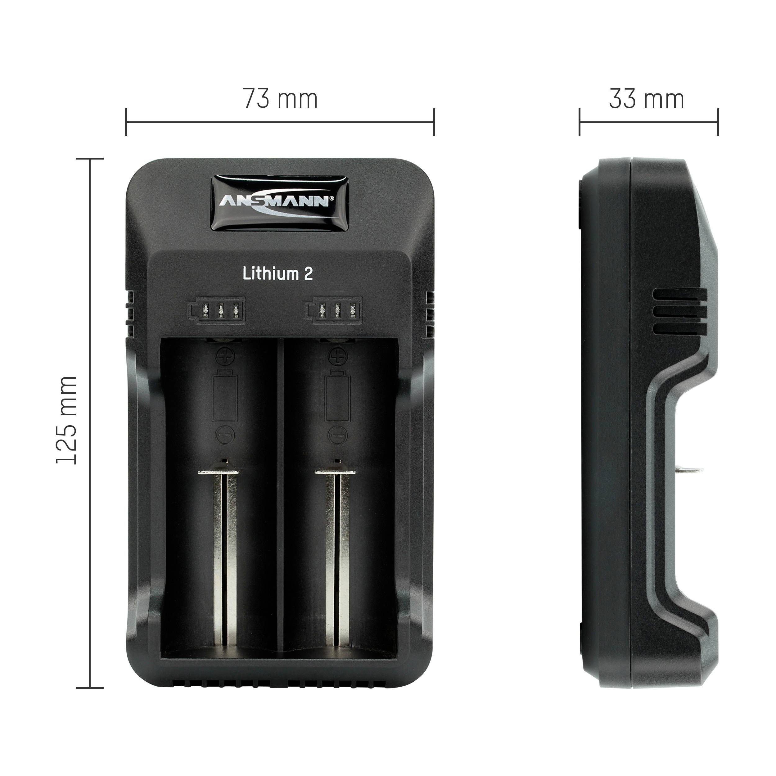 'Lithium 2'-Ladegerät, Vorder- und Seitenansicht. Größe: 125 x 73 x 33 mm. Batteriefächer für zwei Zellen. Markenname sichtbar.