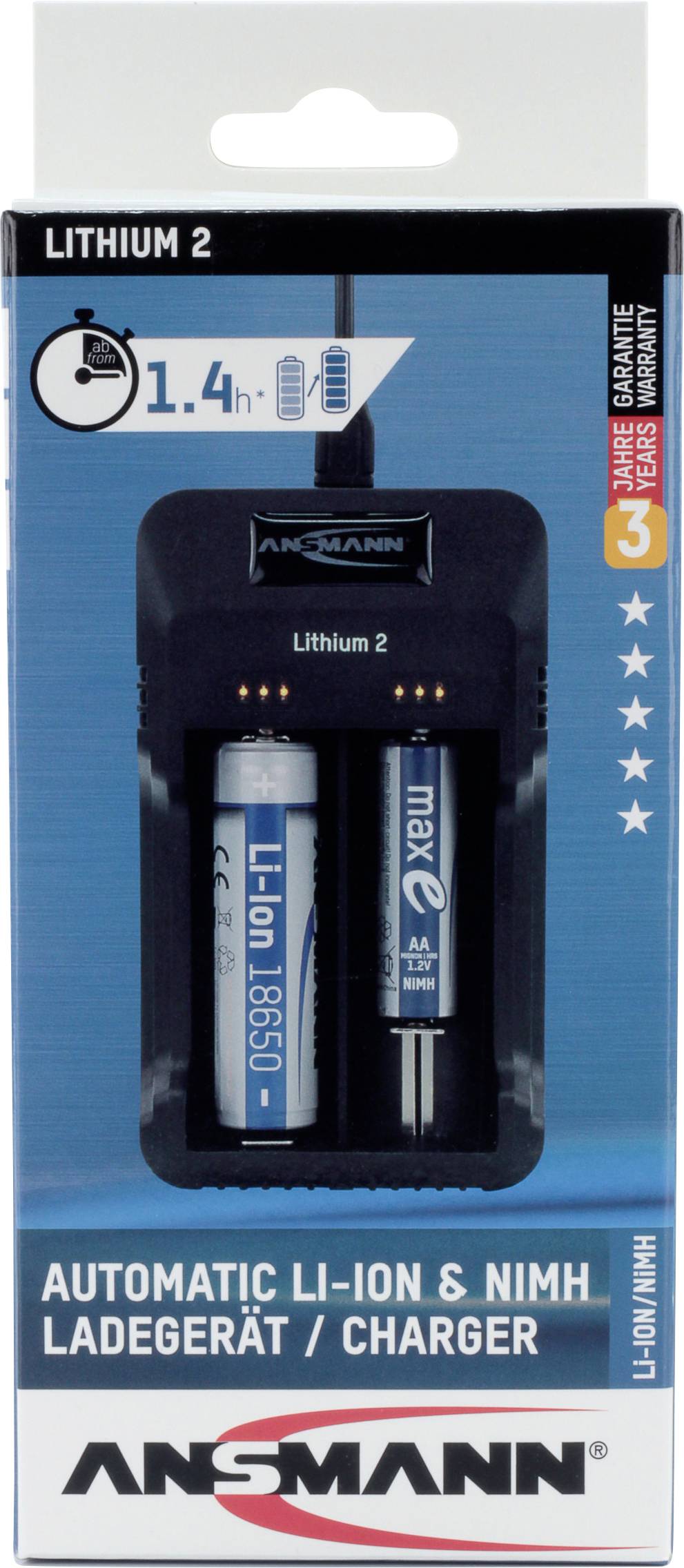 Verpackung eines Ansmann-Batterieladegeräts mit zwei aufladbaren Batterien. Aufschrift: 'Automatic Li-Ion & NiMH Ladegerät/Charger'.