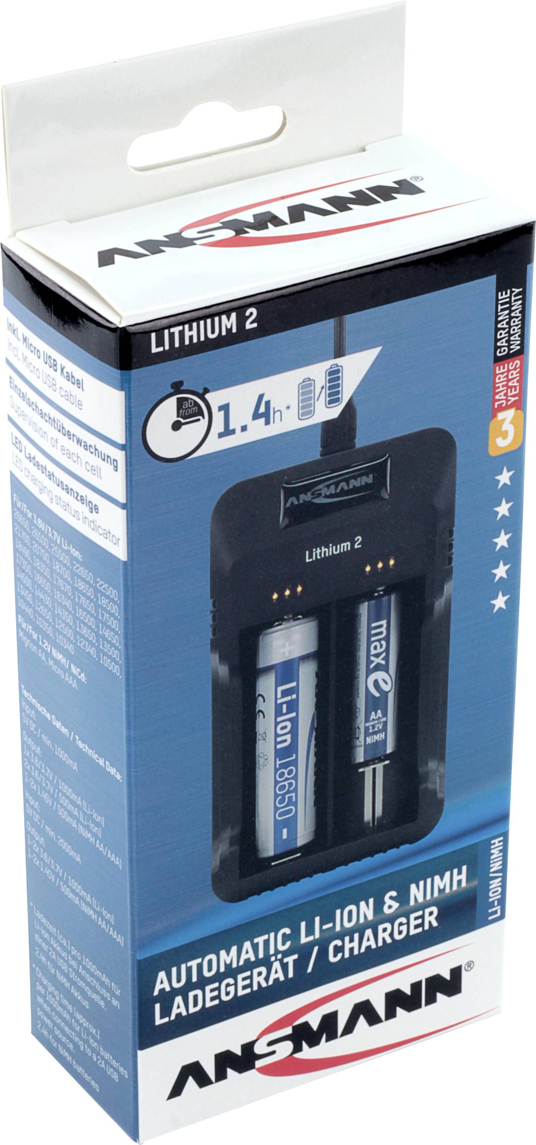 'Ladegerät Ansmann Lithium 2' auf Verpackung. Eignet sich für automatische Li-Ion und NiMH Akkus. Ladung in etwa 1,4 Stunden.