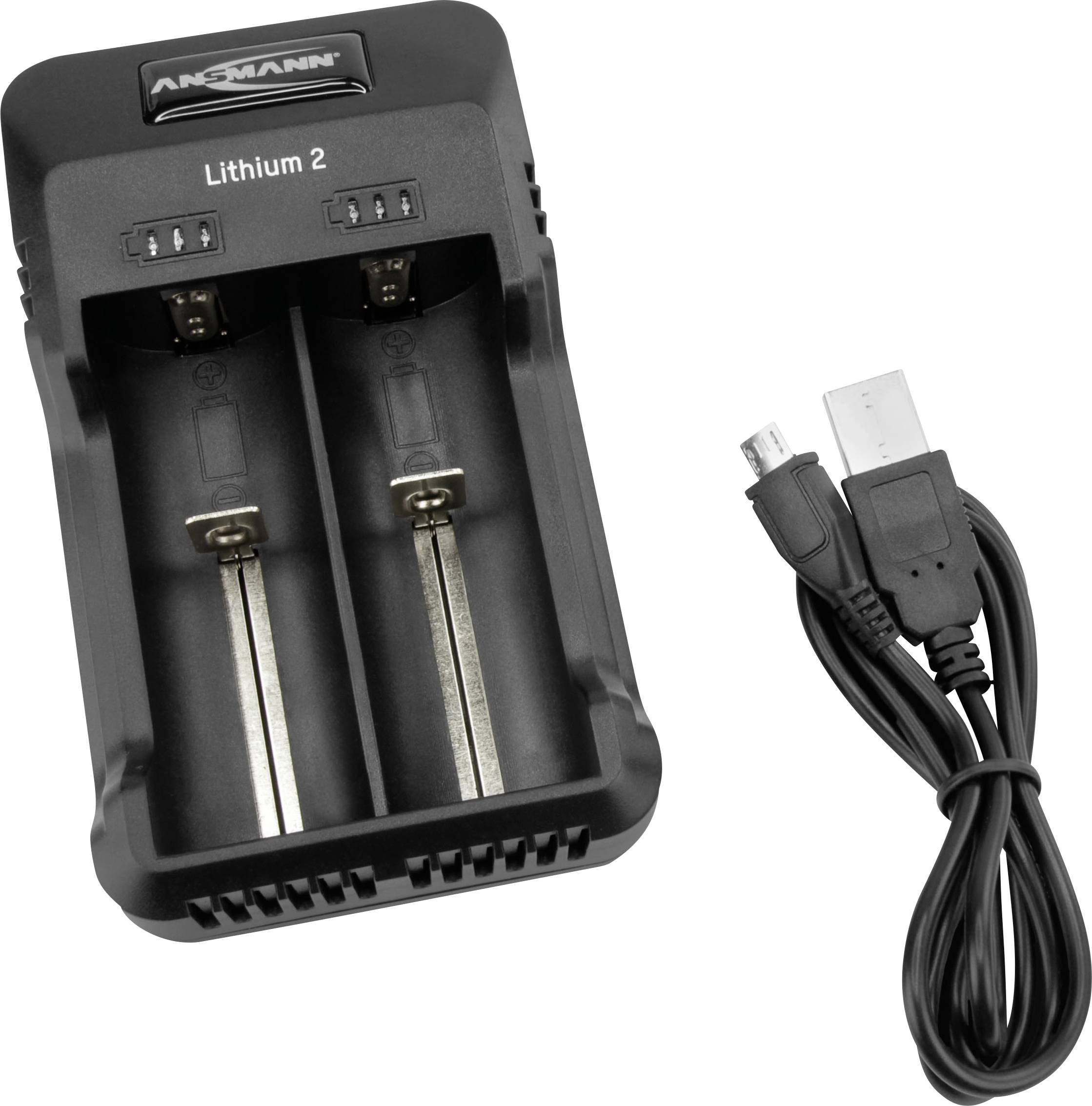 Ladegerät für zwei Lithium-Batterien mit USB-Kabel daneben. Schwarz, kompakt.