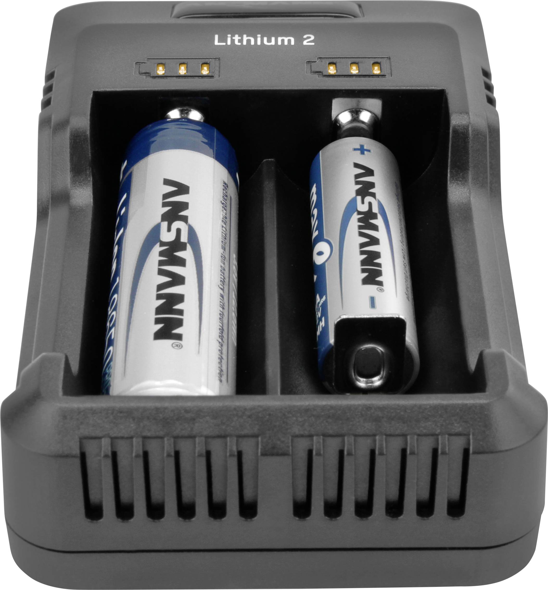 Batterieladegerät mit zwei AA-Batterien, eine voll geladen, die andere im Ladevorgang. Oben steht 'Lithium 2'.