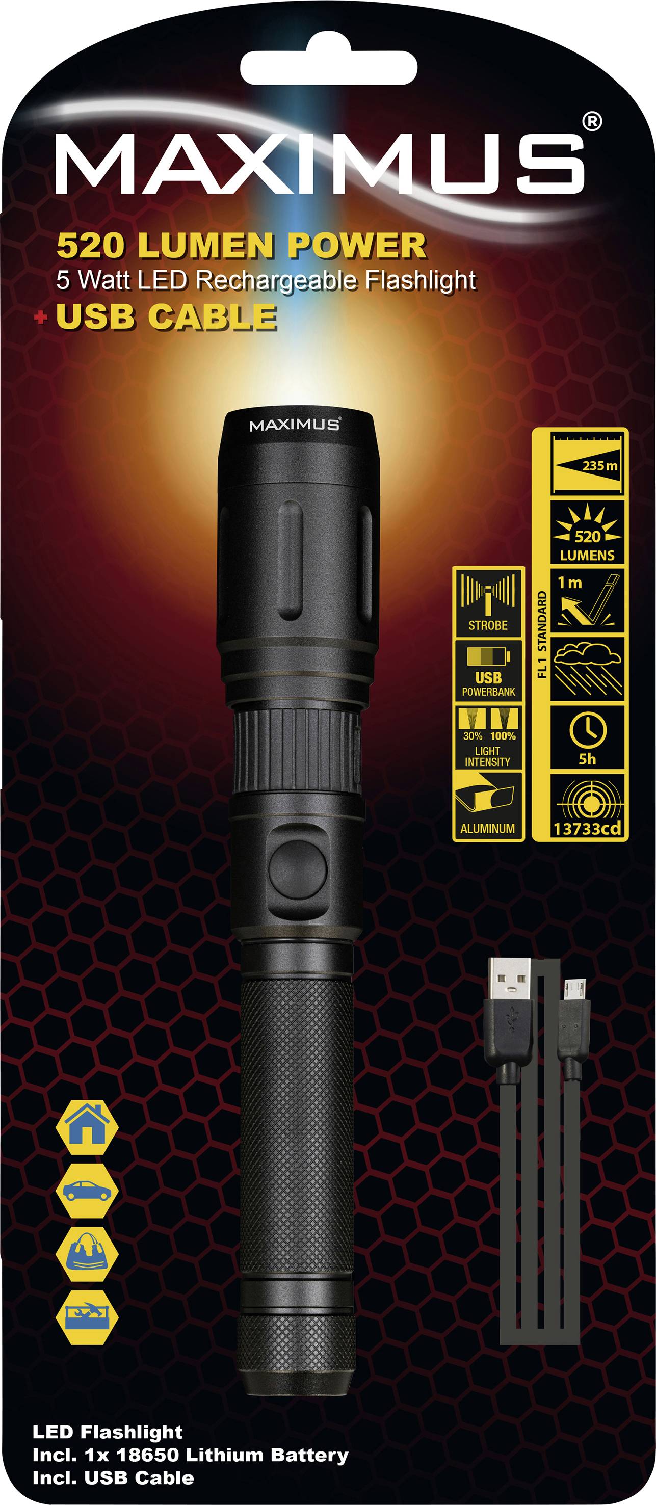 M-FL-016 LED Taschenlampe mit Stroboskopmodus, mit USB-Schnittstelle, Große Reichweite akkubetrieben 520lm