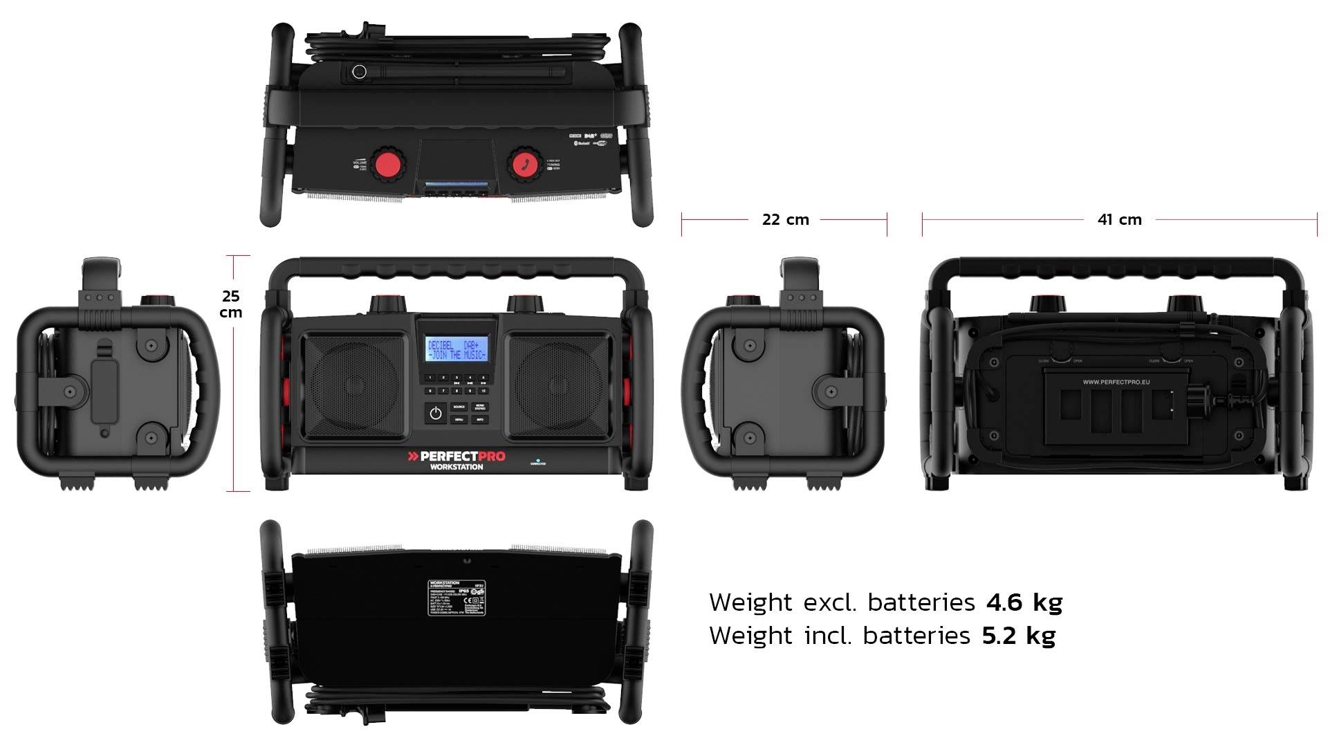PerfectPro WORKSTATION Baustellenradio UKW, DAB+ Bluetooth®, AUX Akku-Ladefunktion, Freisprechfunktion, Inkl. Mikrofon