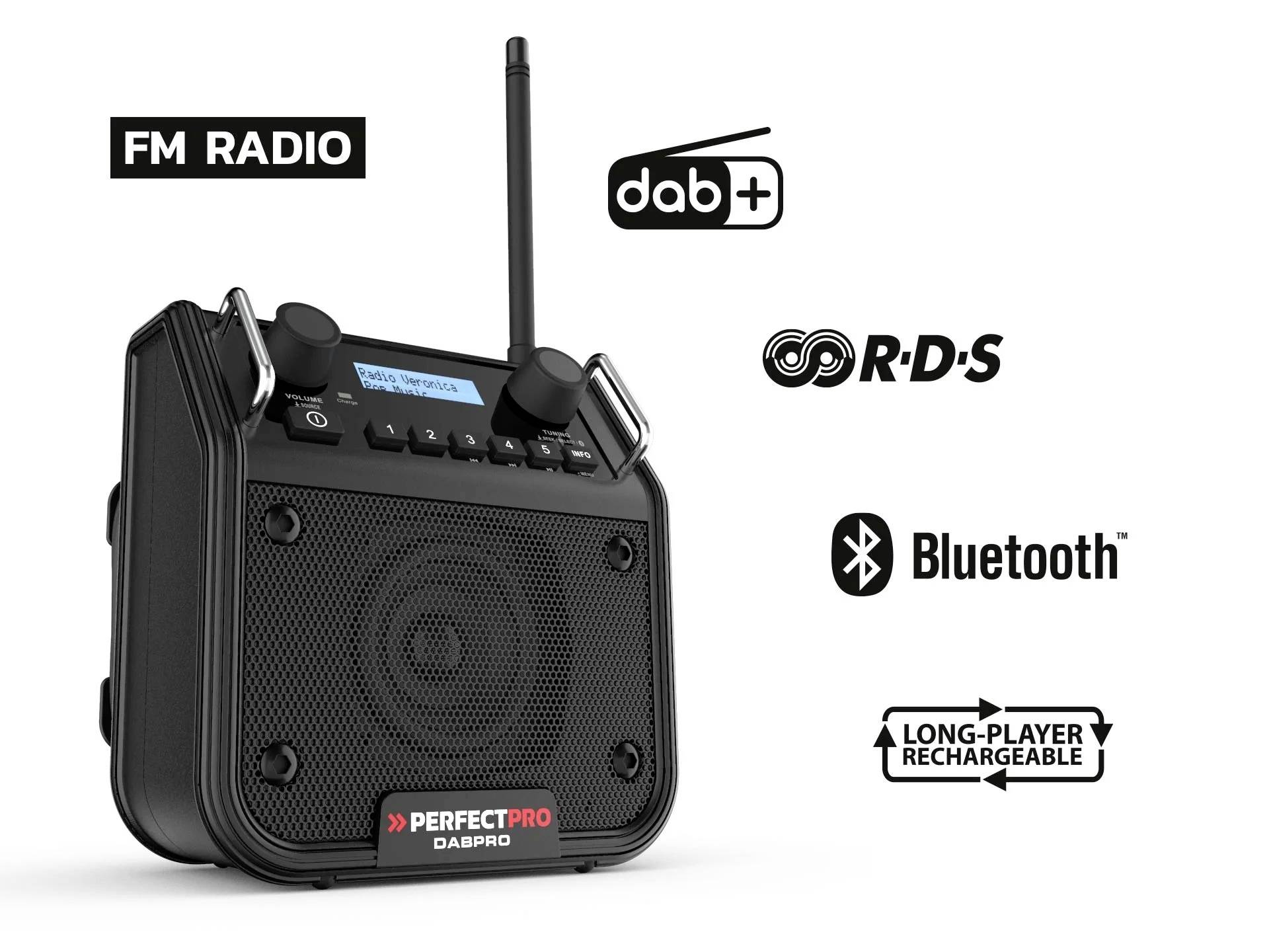 PerfectPro DABPRO Baustellenradio DAB+, UKW AUX, Bluetooth® stoßfest, spritzwassergeschützt, staubdicht Schwarz