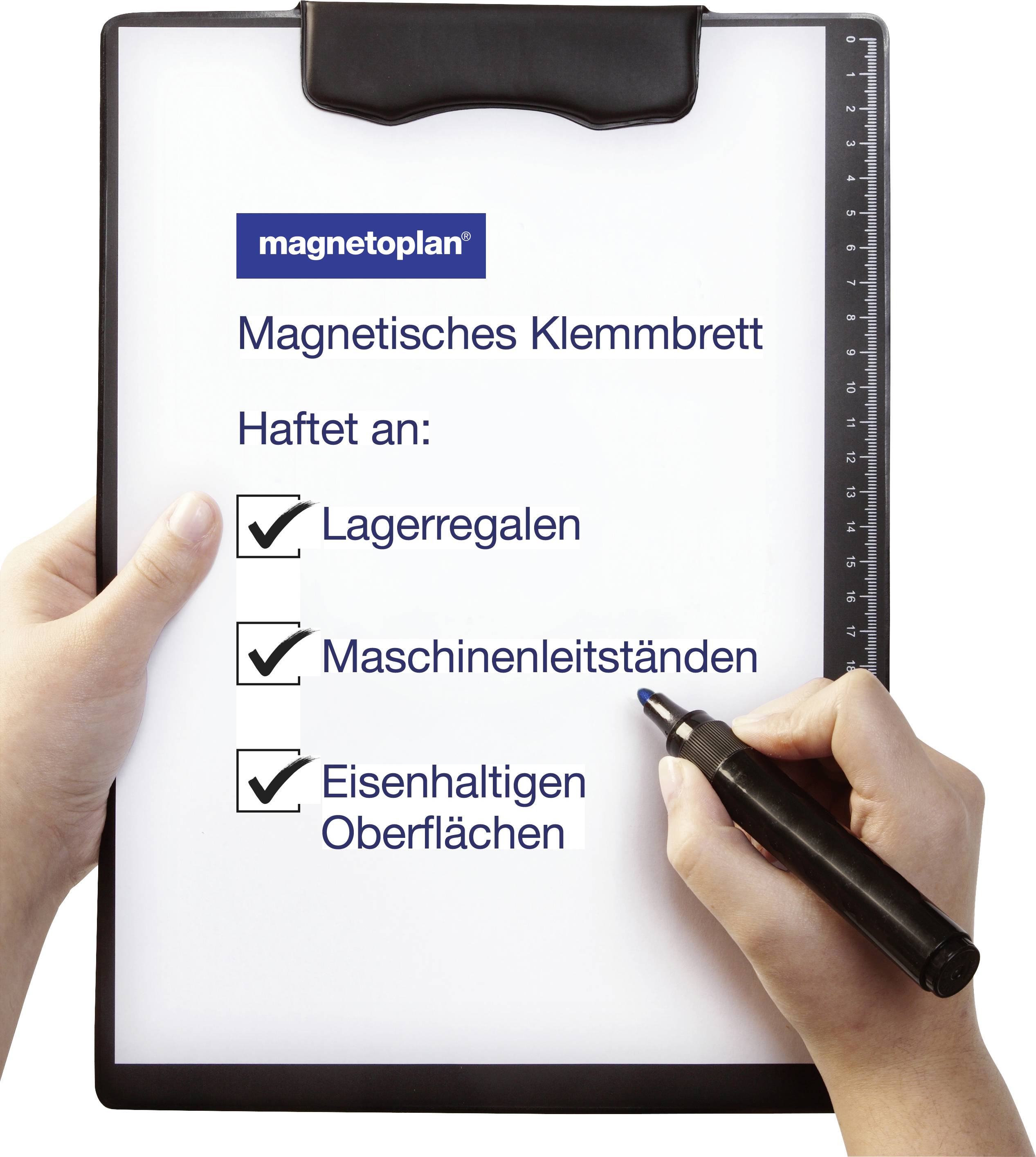 'Magnetisches Klemmbrett' mit abgehakten Punkten auf einer Checkliste: Lagerregalen, Maschinenleitständen, Eisenhaltigen Oberflächen.