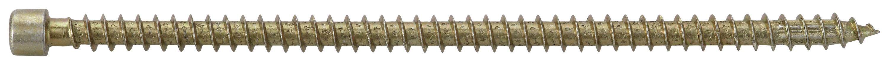 Langer, goldfarbener Metall-Schraubbolzen mit durchgehendem Gewinde und sechseckigem Kopf.
