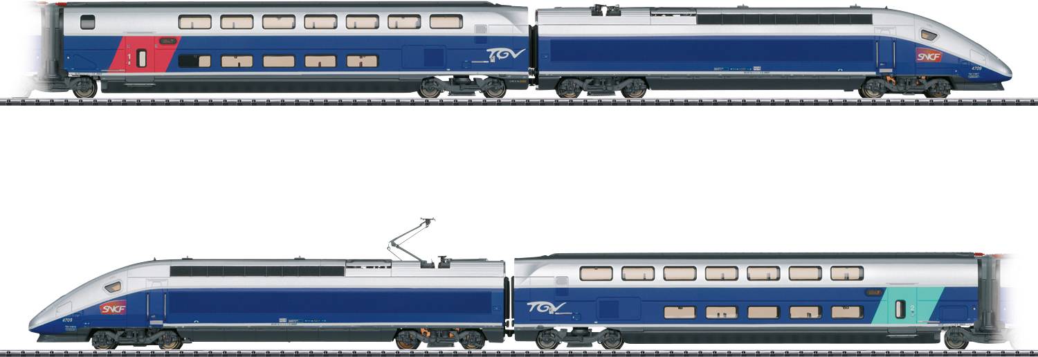 Hochgeschwindigkeitszug TGV auf Schienen, bestehend aus mehreren blau-silbernen Waggons mit rotem Detail, in Seitenansicht.