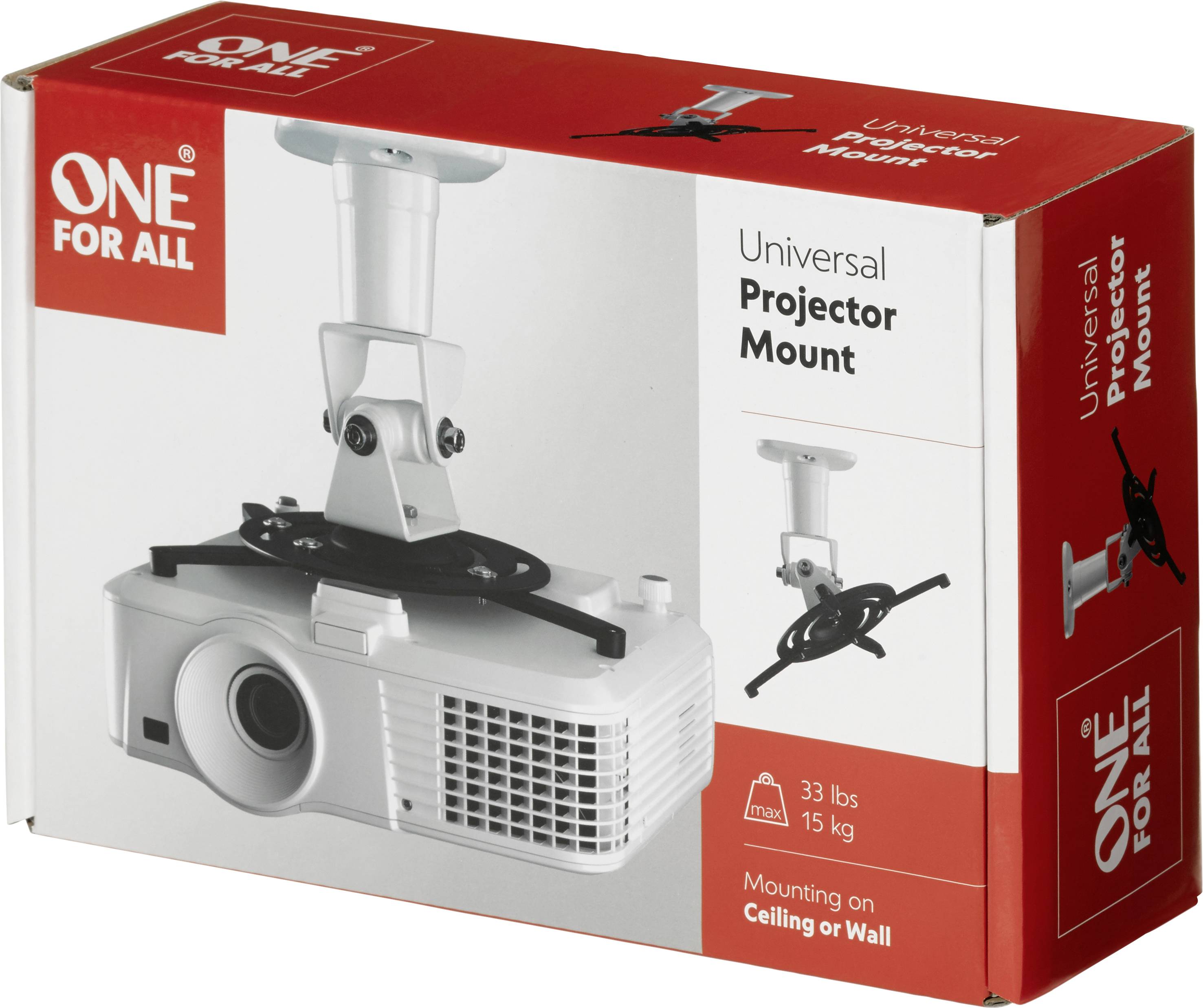 Kartonschachtel mit der Aufschrift 'Universal Projector Mount'. Bild zeigt eine Projektorhalterung für Decken- oder Wandmontage. Bis zu 33 lbs/15 kg belastbar.