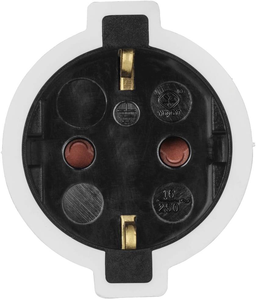 Steckdose in Nahaufnahme, schwarz und weiß, mit drei runden Öffnungen und zwei Metallkontakten. Oben und unten je ein Plastikclip.