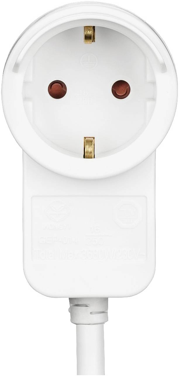 Ein weißer EU-Stecker Adapter mit runder Form und zwei Metallkontakten für den Anschluss an eine Steckdose.