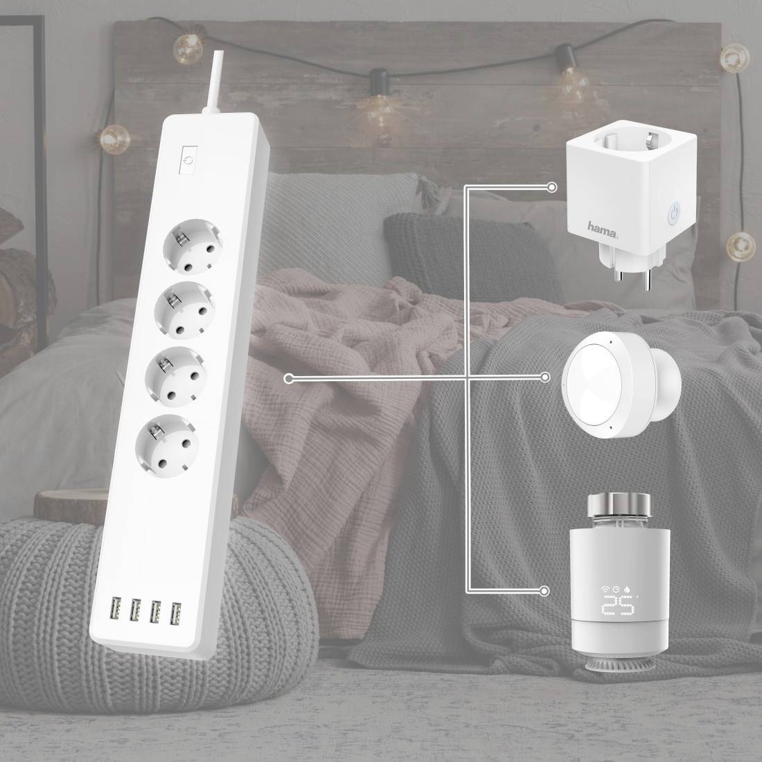 hama 00176574 WLAN-Steckdosenleiste 4-fach, einzeln schaltbar, Überlastschutz, 4-fach USB
