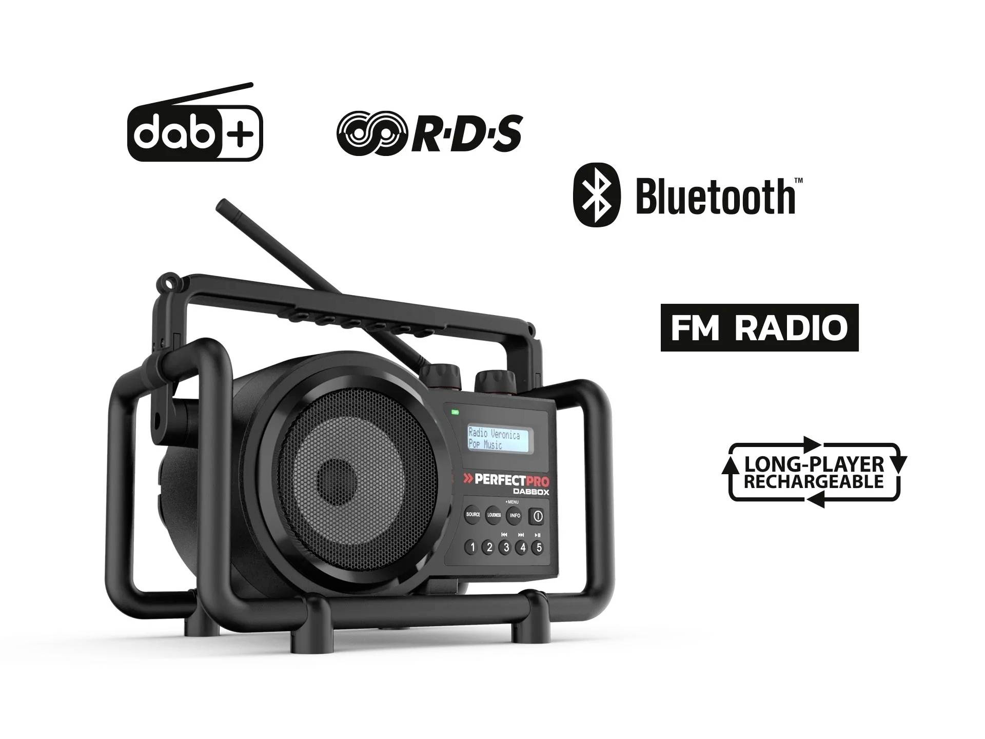 Tragbares Radio in einem Schutzrahmen mit DAB+, RDS, Bluetooth, FM Radio und wiederaufladbarer Batterie.