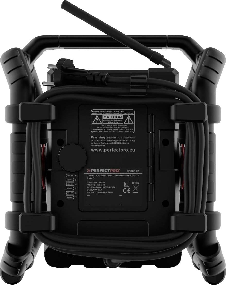 PerfectPro UBOX500R Baustellenradio DAB+, UKW Bluetooth®, AUX, USB Akku-Ladefunktion, stoßfest Schwarz