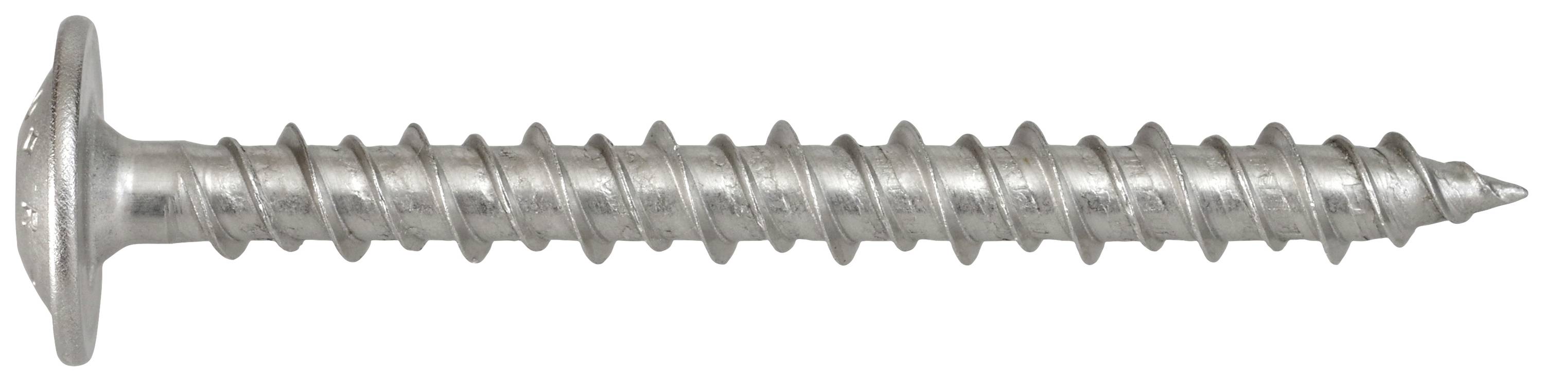 Ein silberner Schraube mit flachem Kopf und gleichmäßigem Gewinde, seitlich liegend, vor weißem Hintergrund.